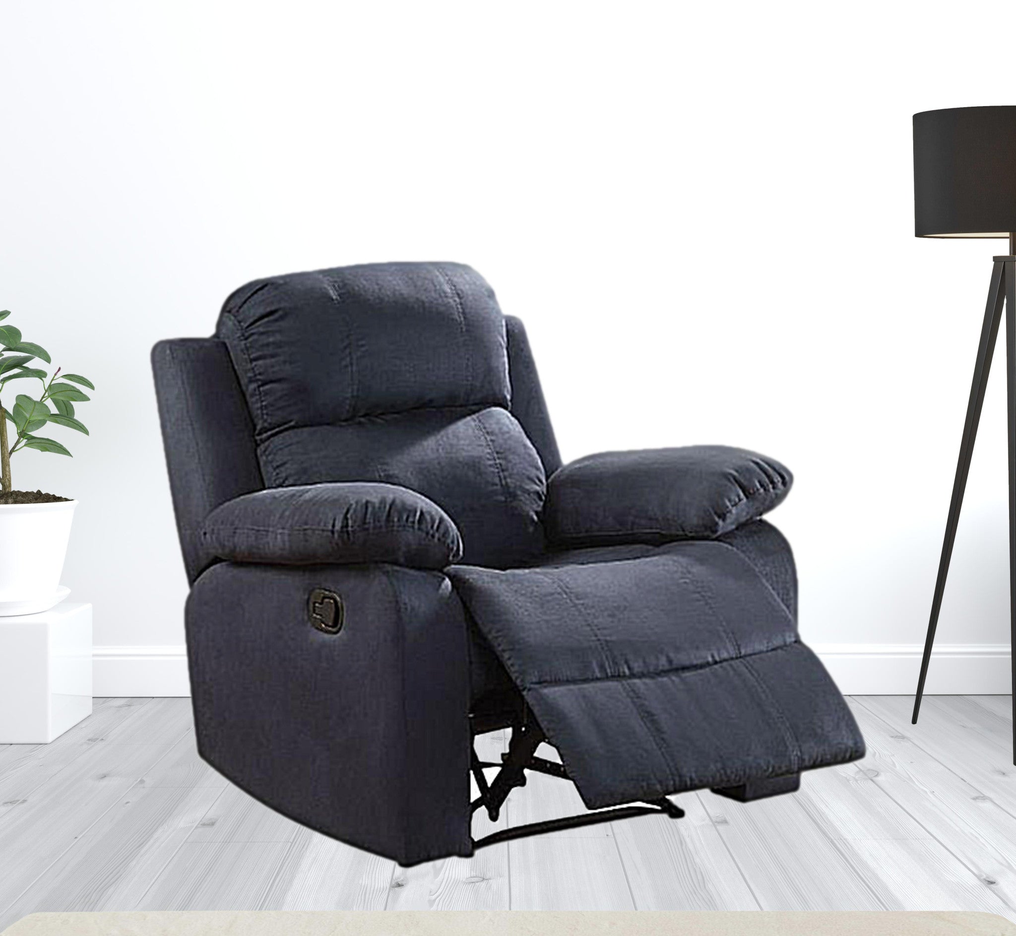 Chocolate microfiber recliner measuring 36x36x41 inches, featuring a back motion reclining mechanism and pillow top arms.