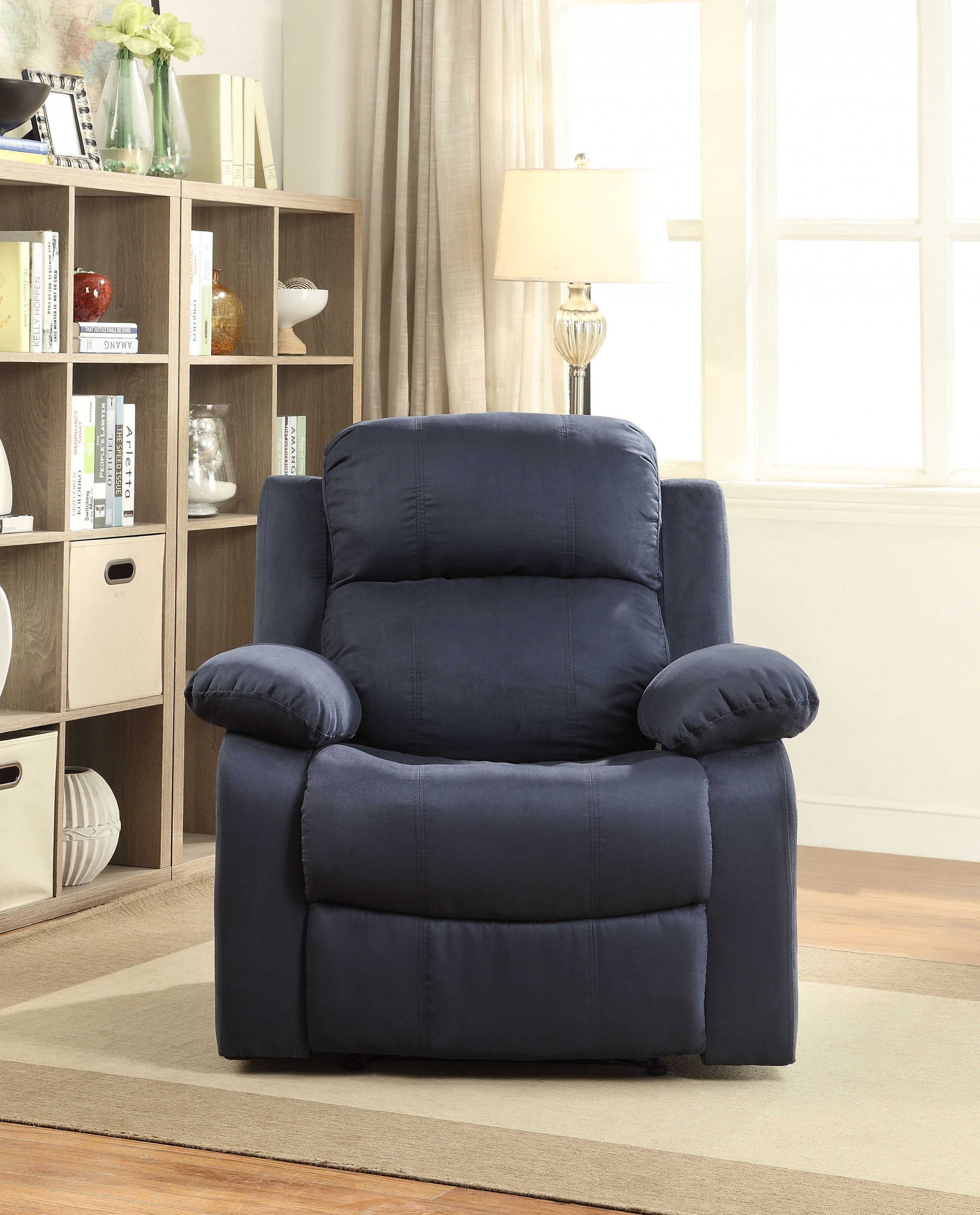 Chocolate microfiber recliner measuring 36x36x41 inches, featuring a back motion reclining mechanism and pillow top arms.