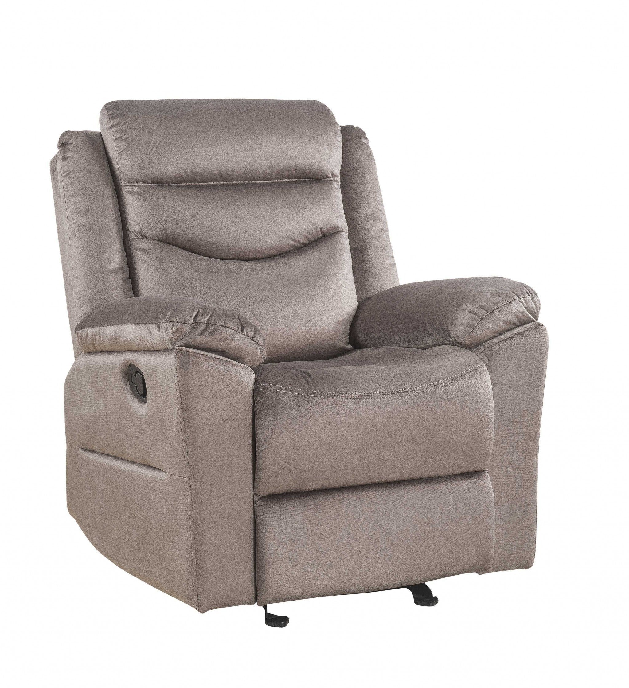 A luxurious 37x35x42 inches velvet upholstery metal reclining chair with nail head trim and pillow top armrests, perfect for living room relaxation.