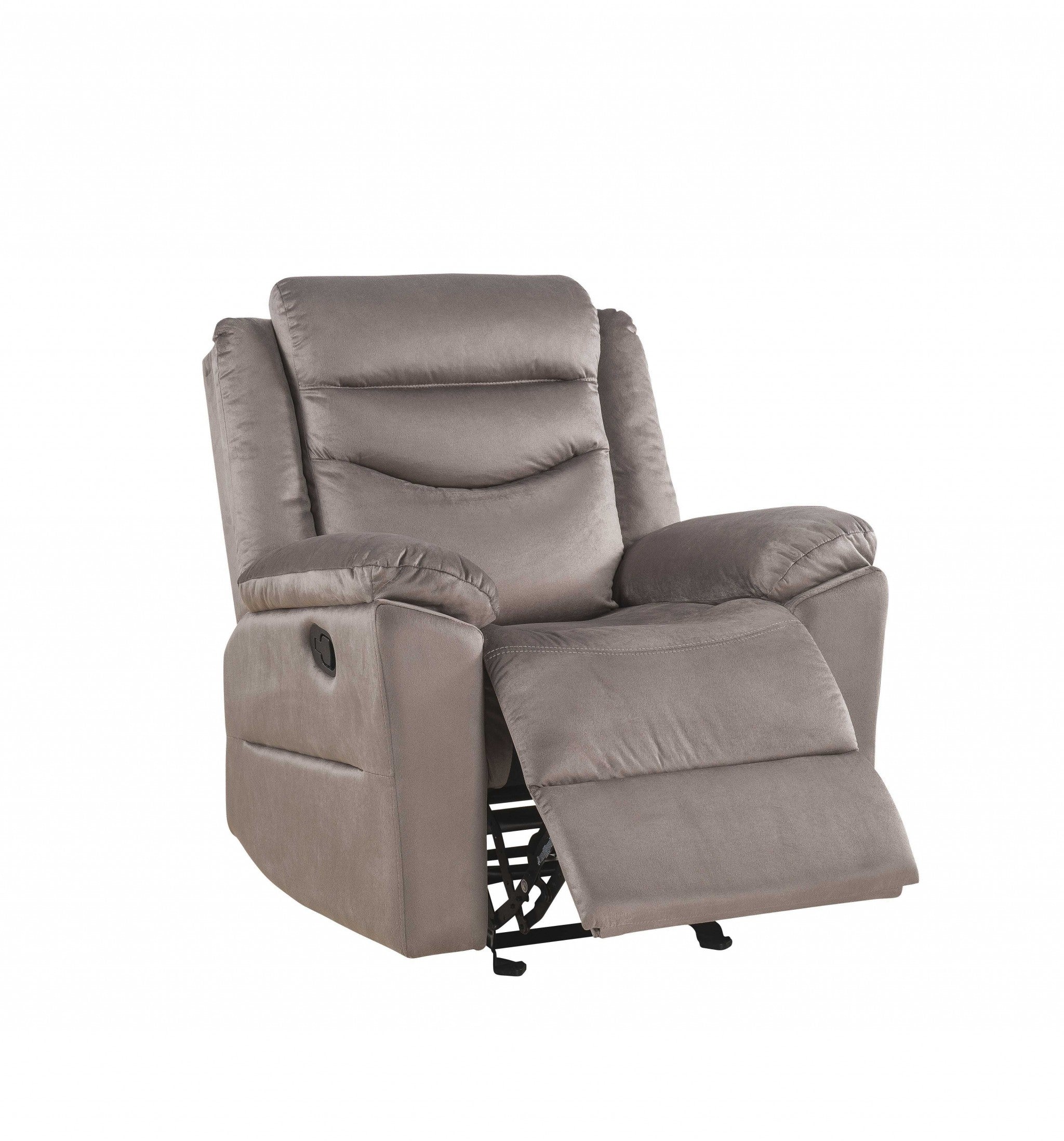 A luxurious 37x35x42 inches velvet upholstery metal reclining chair with nail head trim and pillow top armrests, perfect for living room relaxation.