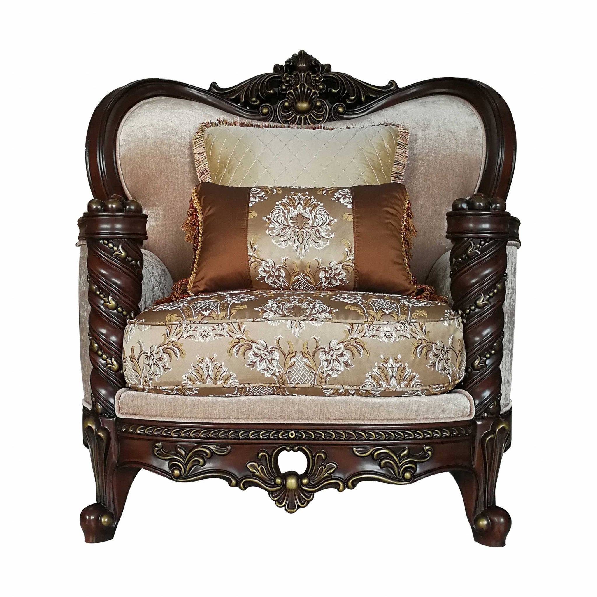 A beautifully crafted dark walnut upholstery wood chair with a traditional design, featuring removable cushions and toss pillows, perfect for living rooms.