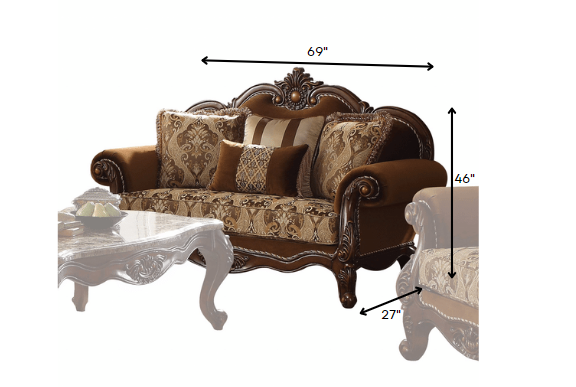 A stylish 37x69x46 inches loveseat featuring fabric upholstery and a cherry oak wood frame, perfect for enhancing living room decor.