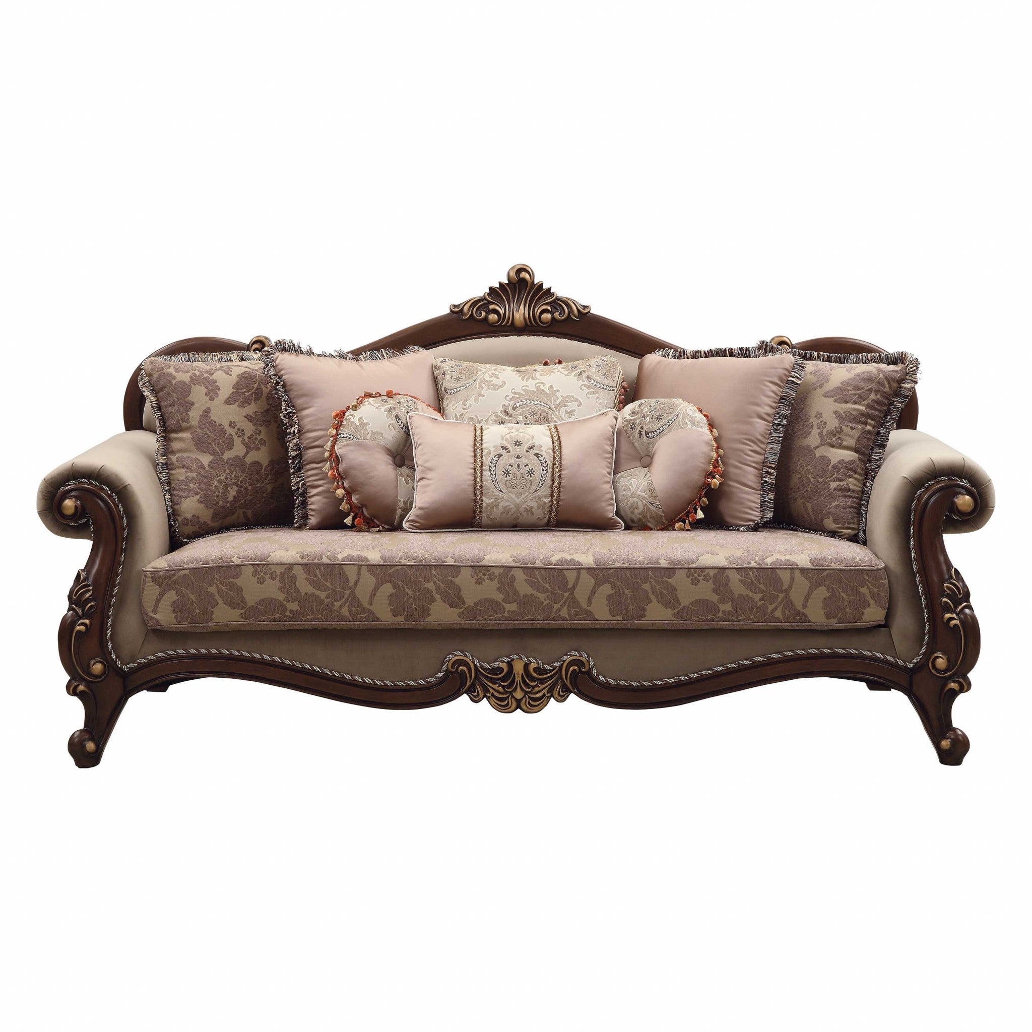 Luxurious 38x88 inch fabric sofa with walnut upholstery and wood leg trim, featuring rolled arms and 8 decorative pillows.