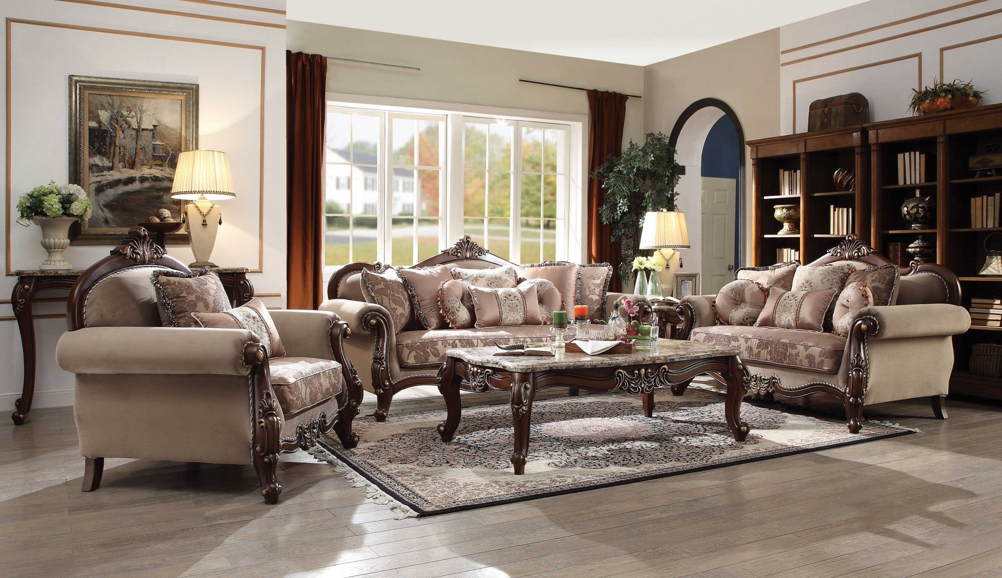 Luxurious 38x88 inch fabric sofa with walnut upholstery and wood leg trim, featuring rolled arms and 8 decorative pillows.
