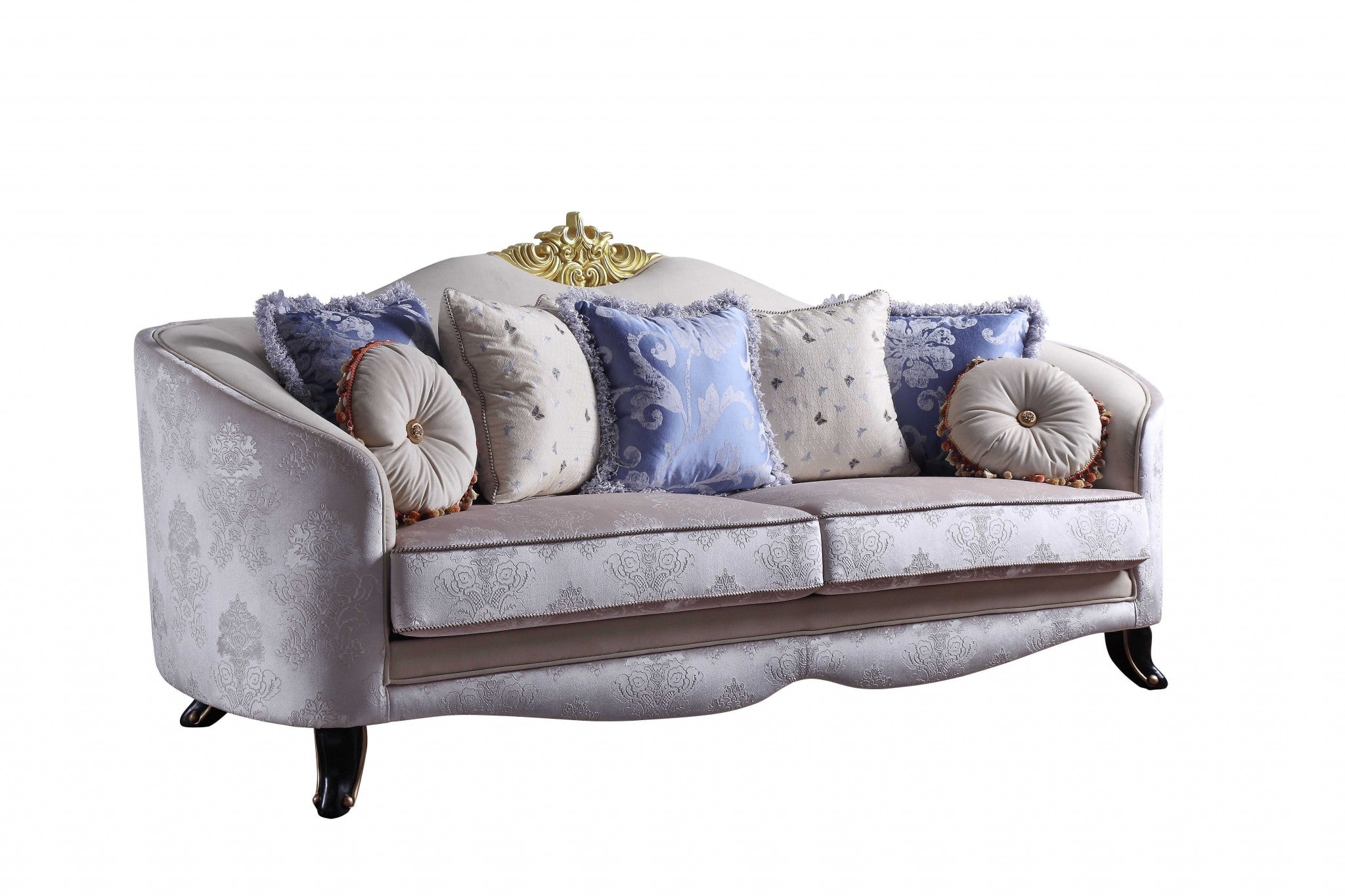 Cream fabric upholstery sofa measuring 38x95x44 inches, featuring 7 decorative pillows and a modern design with curved arms.
