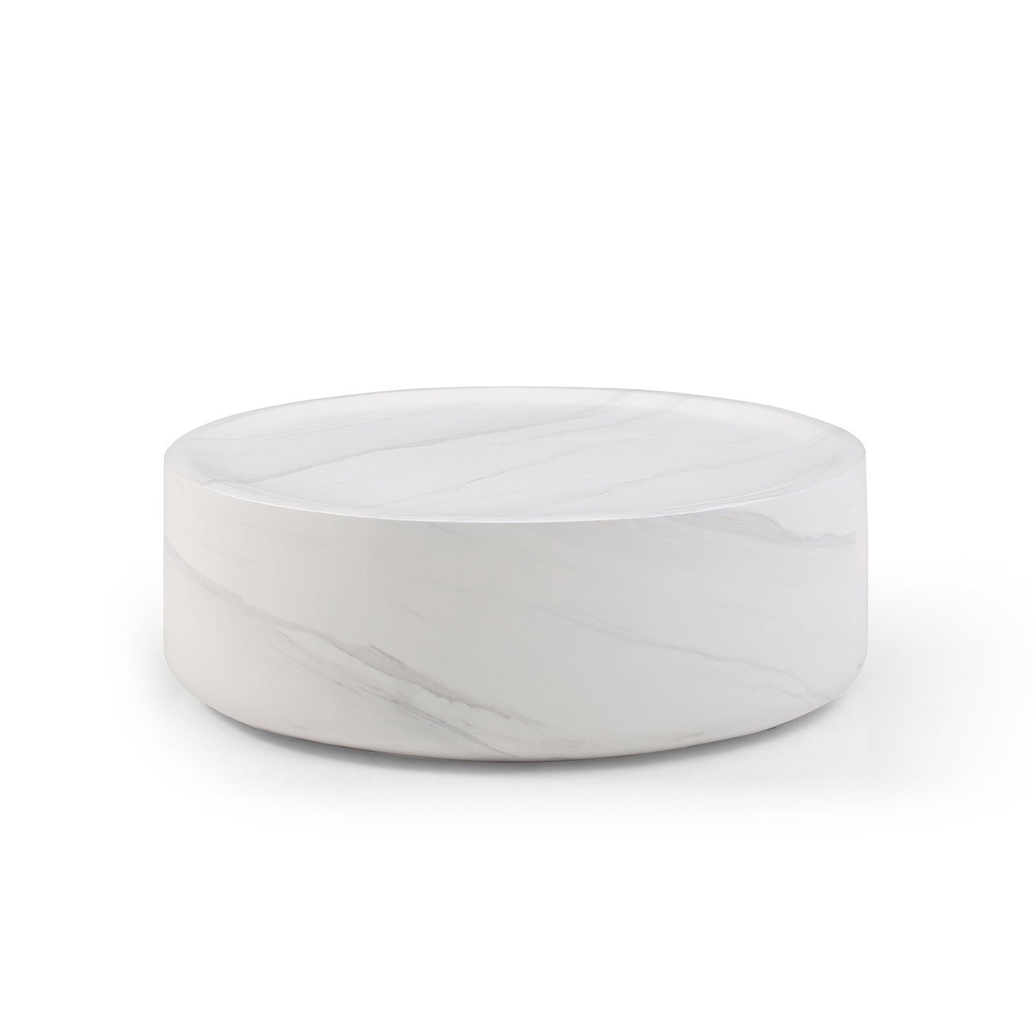 39.37-inch round coffee table with a white marble finish and sturdy fiberglass construction, elegantly designed for modern living spaces.