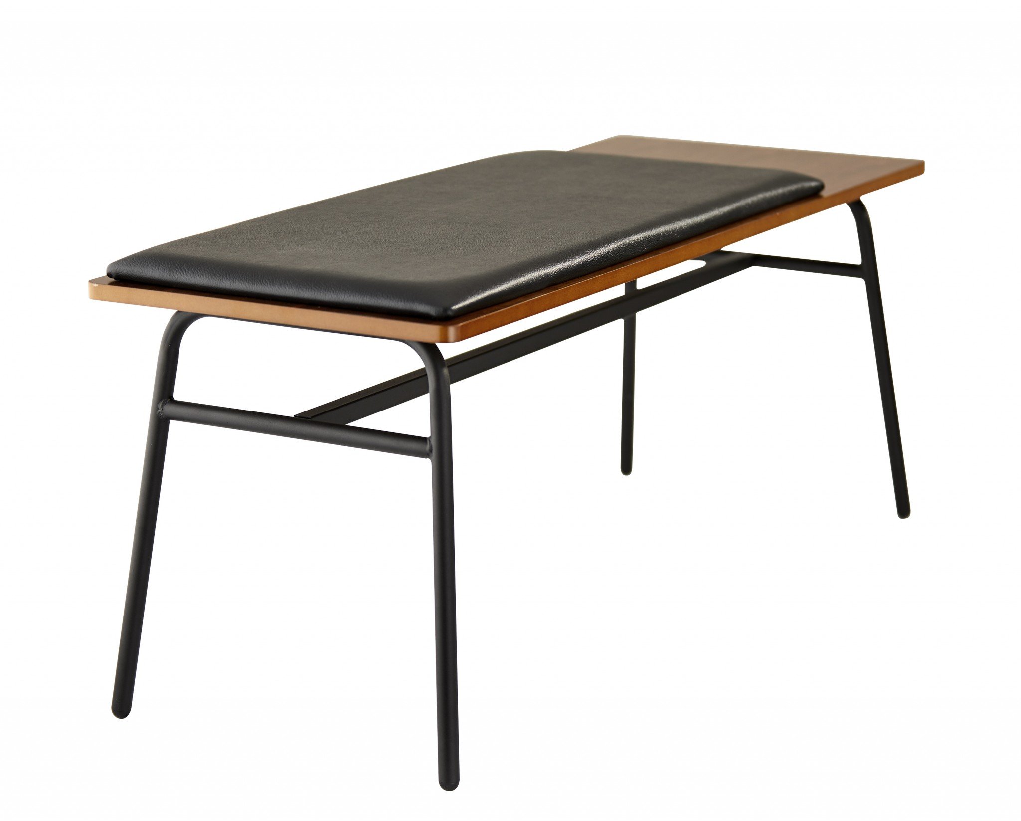 39 inches X 15.75 inches X 16.5 inches walnut bench with soft foam seat and black metal frame, perfect for entryways and bedrooms.