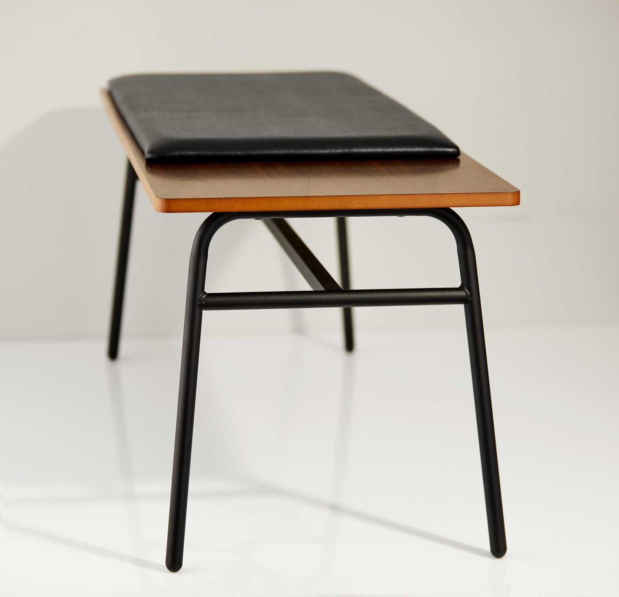 39 inches X 15.75 inches X 16.5 inches walnut bench with soft foam seat and black metal frame, perfect for entryways and bedrooms.