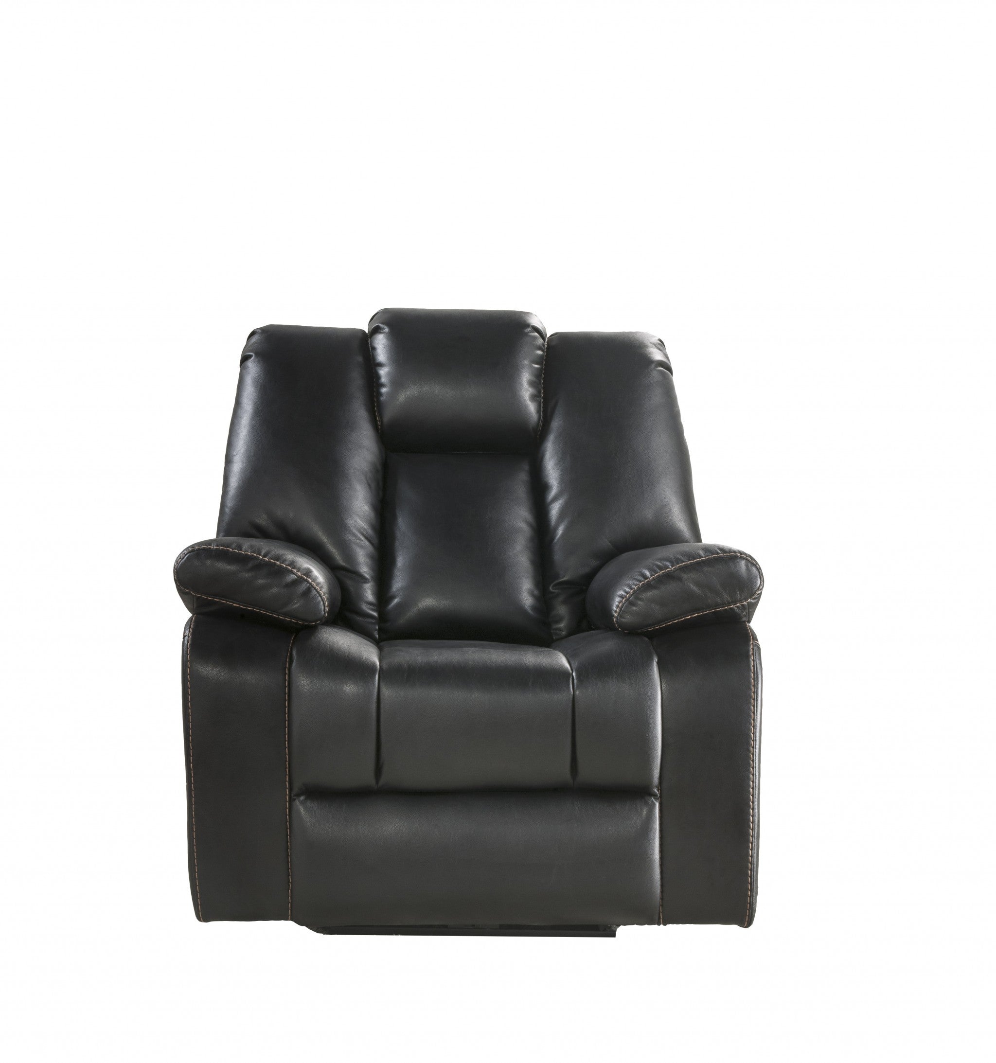 39x39x43 inches black leather-aire upholstery recliner with plush seat and sloped armrests, perfect for contemporary living rooms.