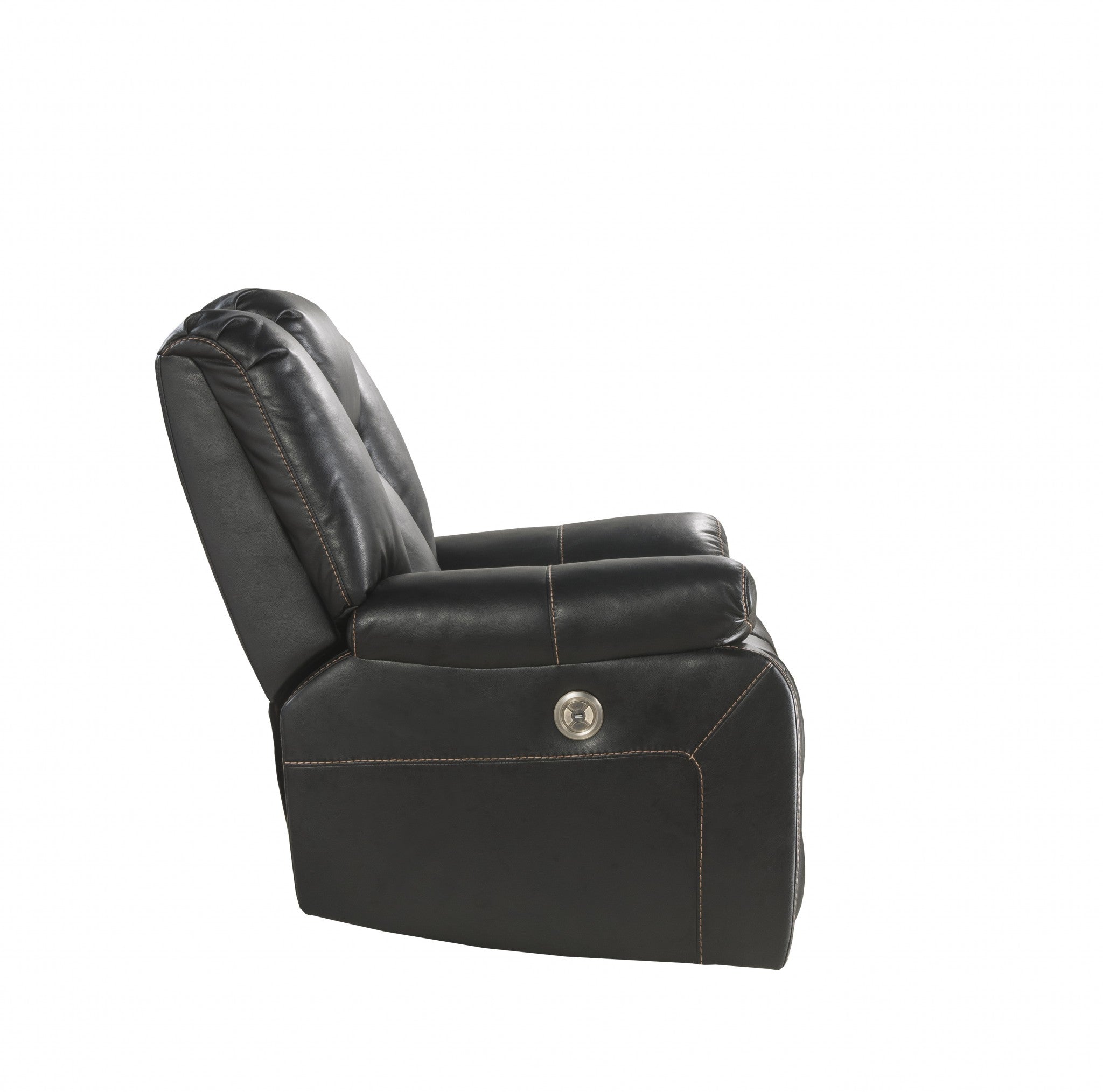 39x39x43 inches black leather-aire upholstery recliner with plush seat and sloped armrests, perfect for contemporary living rooms.