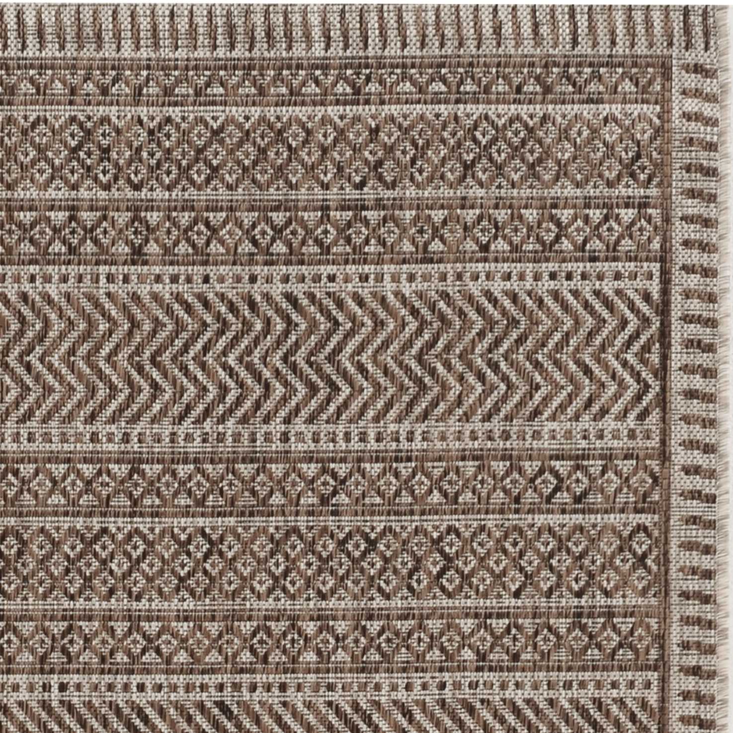 3 inches x 4 inches Mocha Polypropylene Area Rug showcasing a contemporary design suitable for indoor and outdoor use.