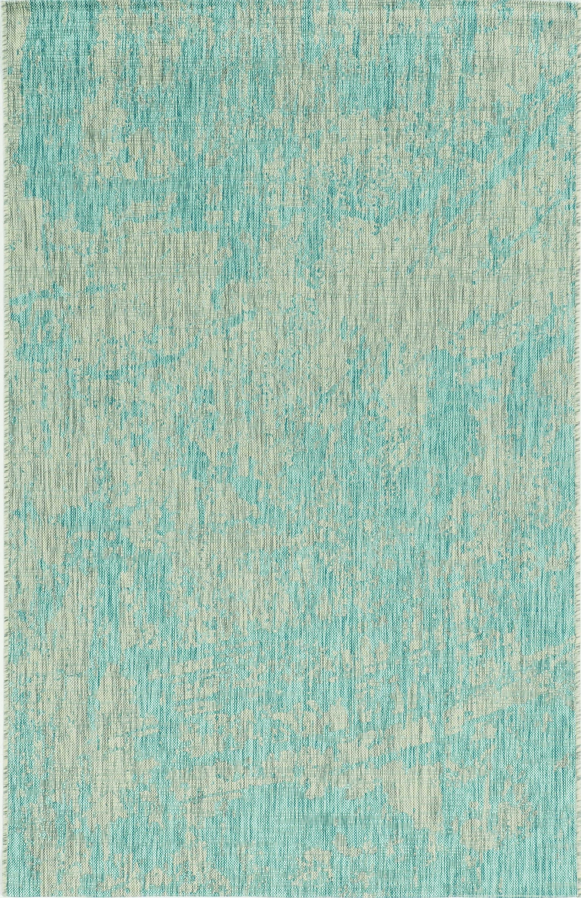 A vibrant teal polypropylene area rug measuring 3x4 inches, showcasing a contemporary design suitable for indoor and outdoor use.