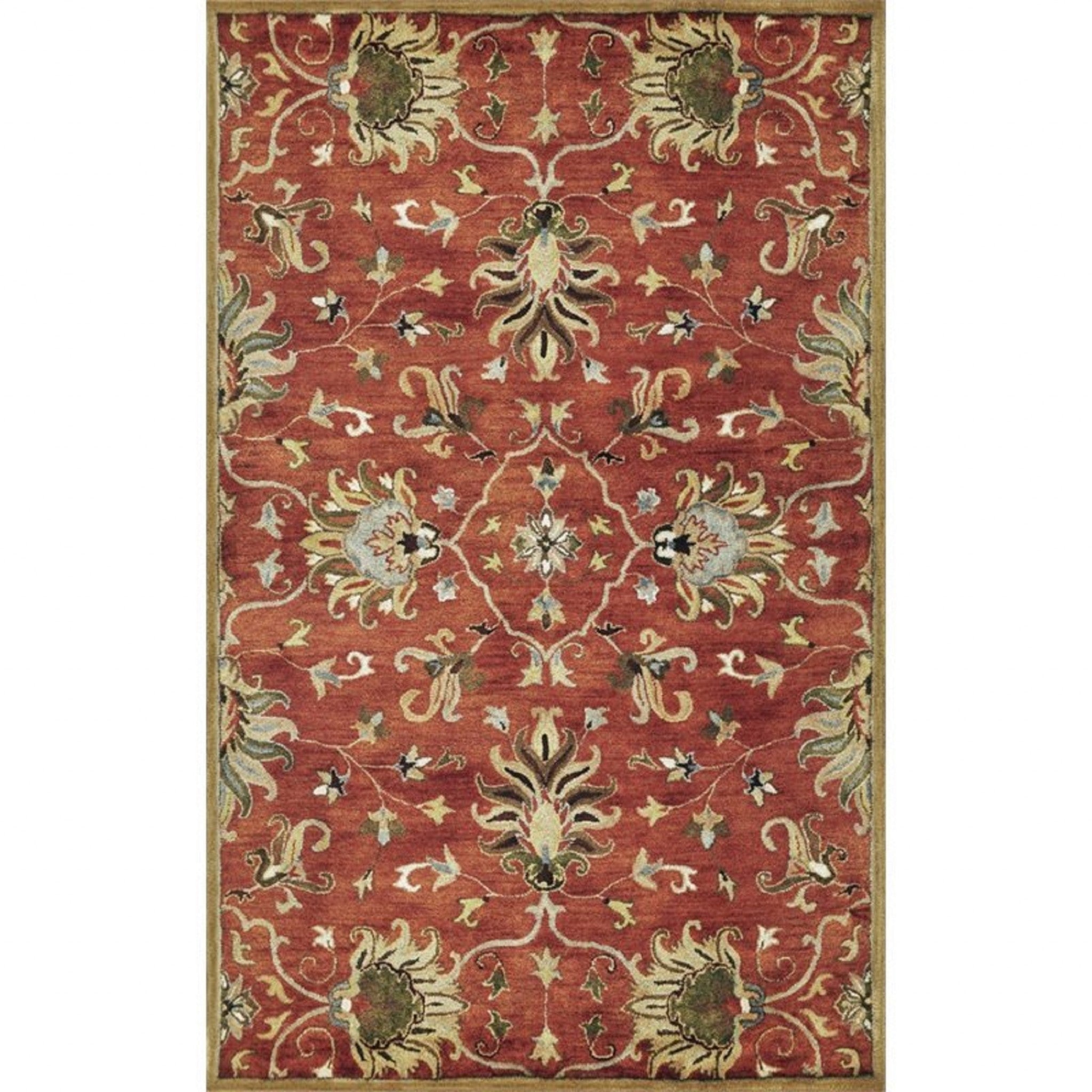 3x5 Sienna Medallion Vines Wool Rug featuring intricate designs in maroon, brown, and green colors, hand-tufted from 100% New Zealand wool.