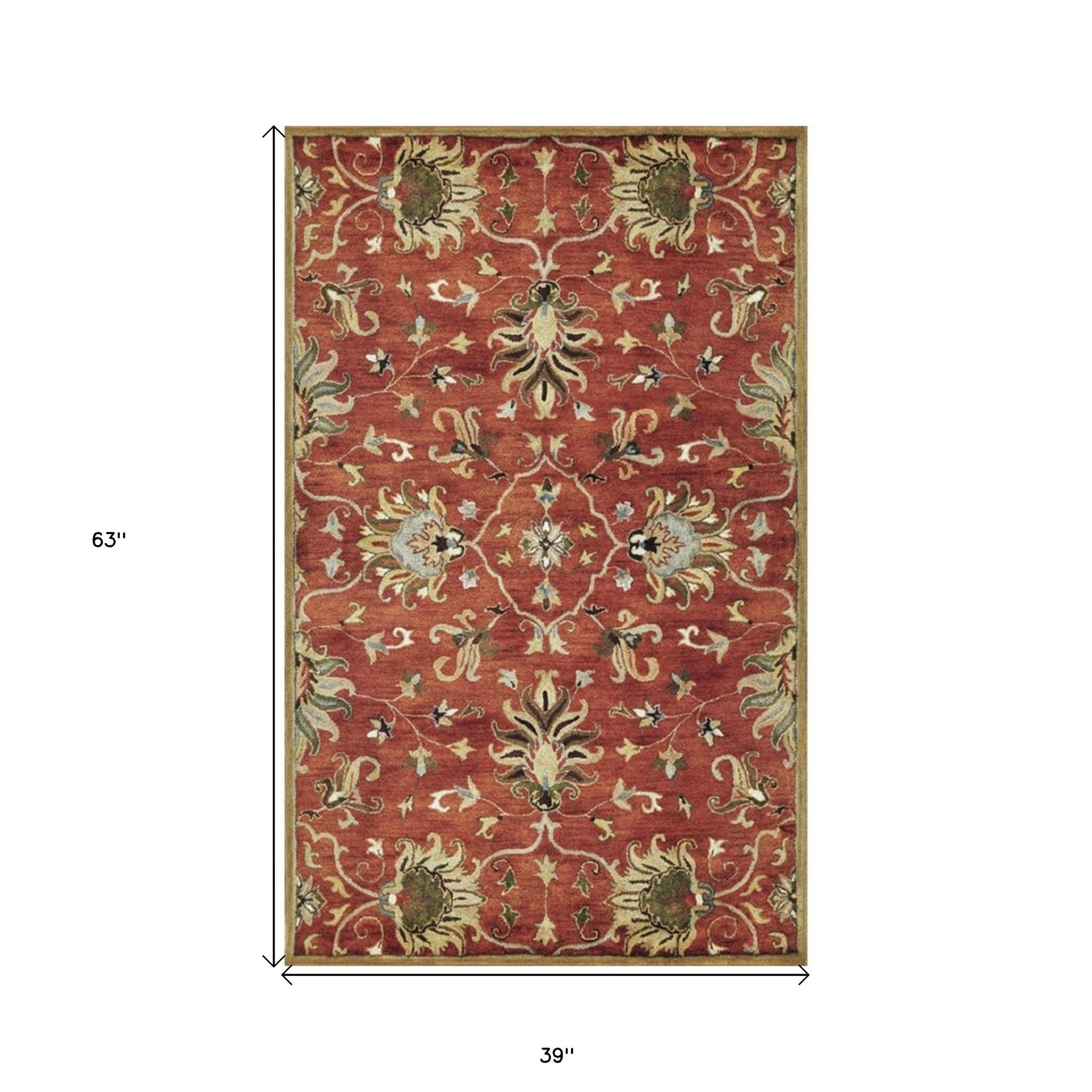 3x5 Sienna Medallion Vines Wool Rug featuring intricate designs in maroon, brown, and green colors, hand-tufted from 100% New Zealand wool.