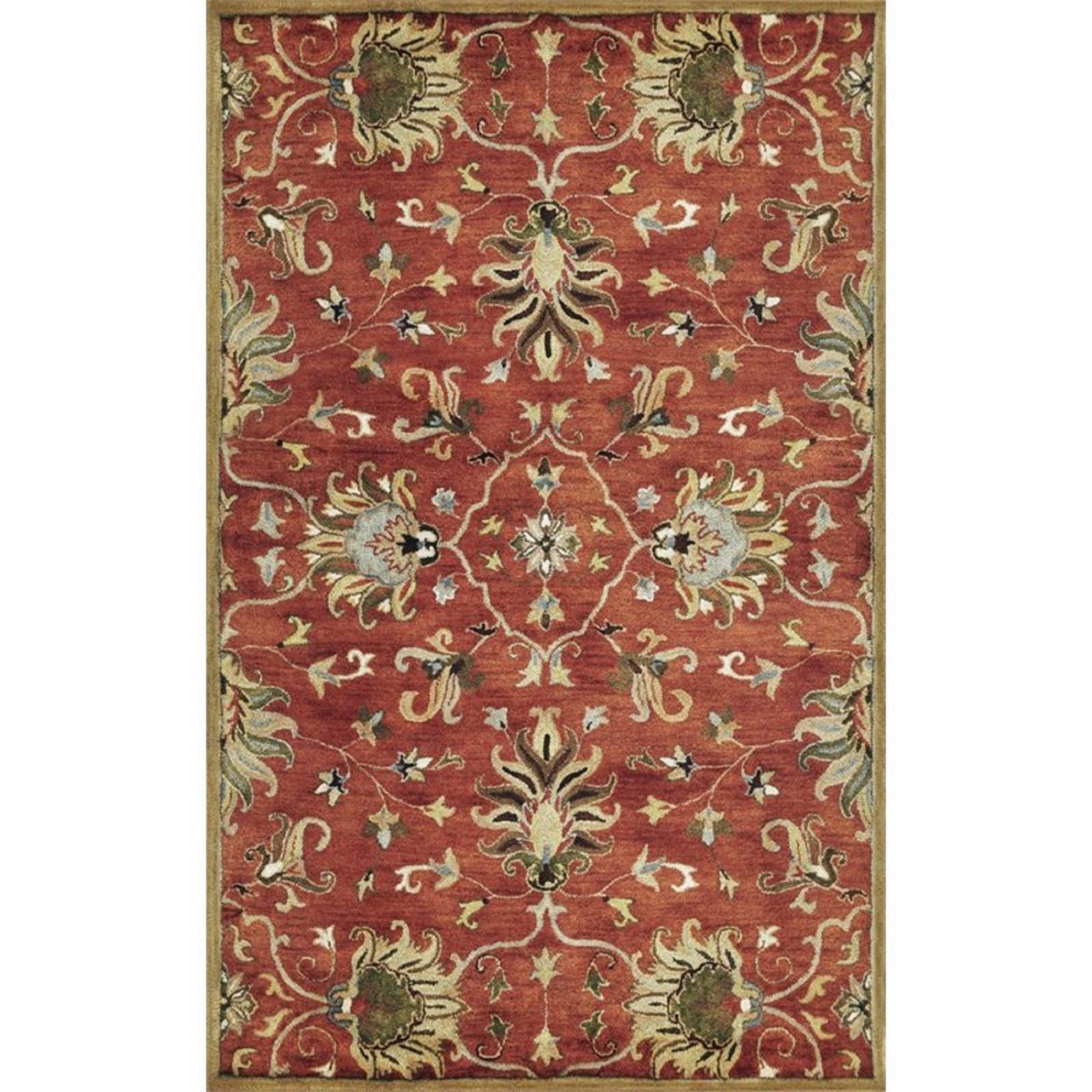 3x5 Sienna Medallion Vines Wool Rug featuring intricate designs in maroon, brown, and green colors, hand-tufted from 100% New Zealand wool.