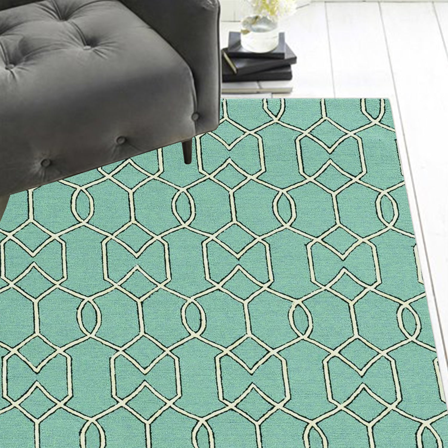 3x5 Spa Trellis and Diamond UV Treated Area Rug in spa green color, showcasing a contemporary design suitable for indoor and outdoor use.