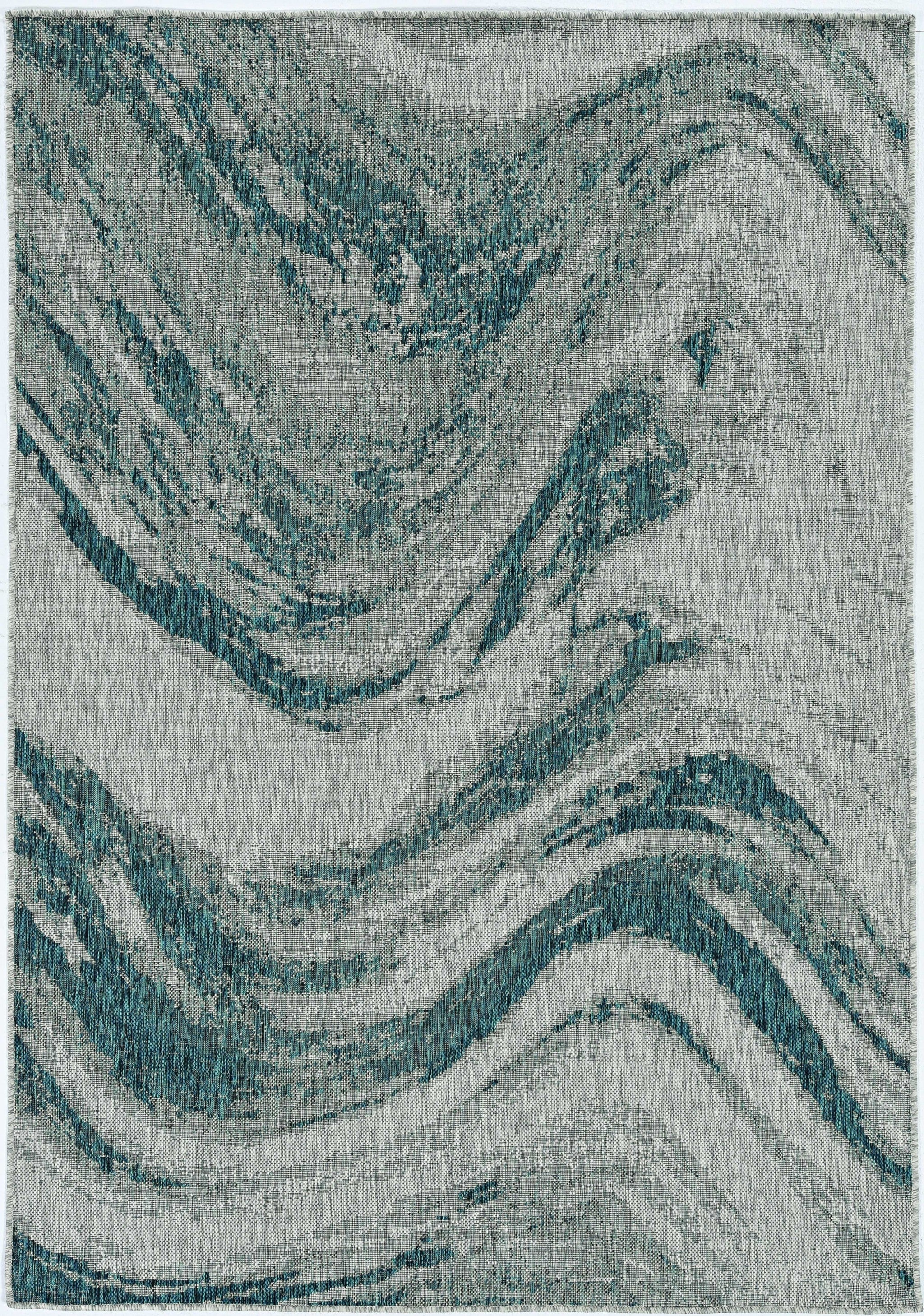 3x4 Grey Teal Machine Woven UV Treated Abstract Waves rug showcasing abstract wave patterns in grey and teal colors, suitable for indoor and outdoor use.