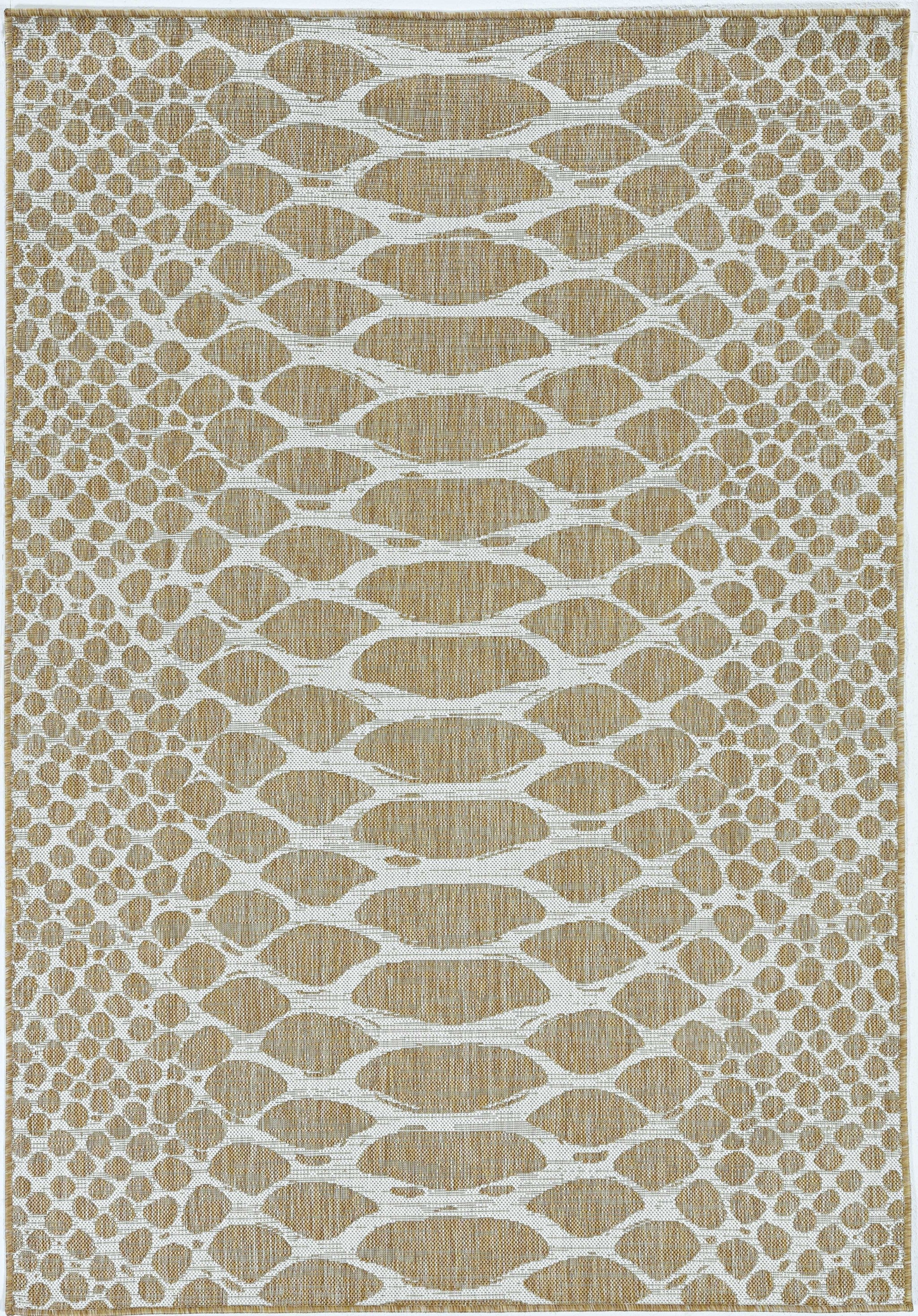 Ivory machine woven rug featuring a trendy snake print design, suitable for indoor and outdoor use, showcasing its textured surface.