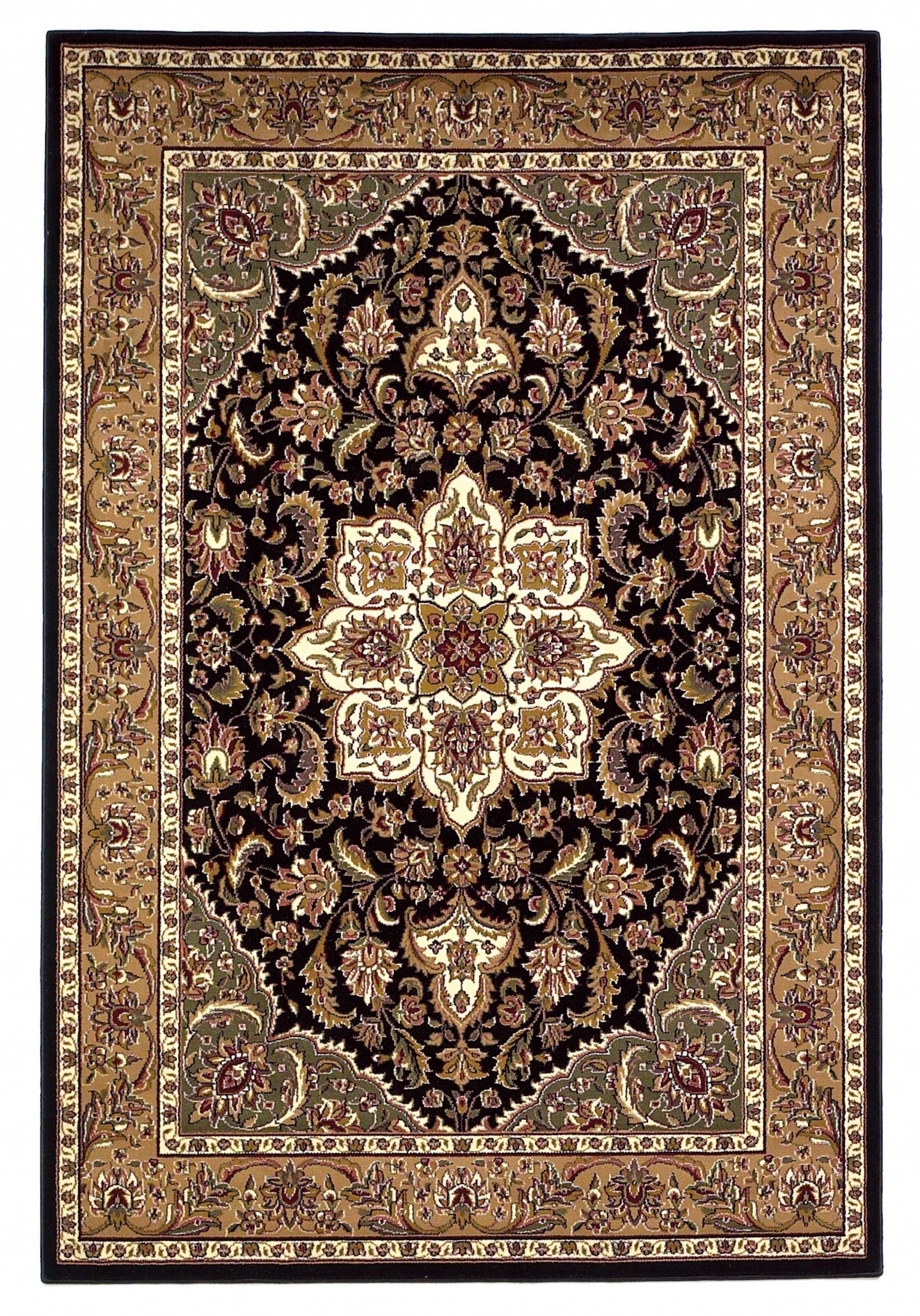 3 inches x 5 inches black and beige machine woven floral medallion indoor area rug, showcasing intricate floral patterns and a stylish design.