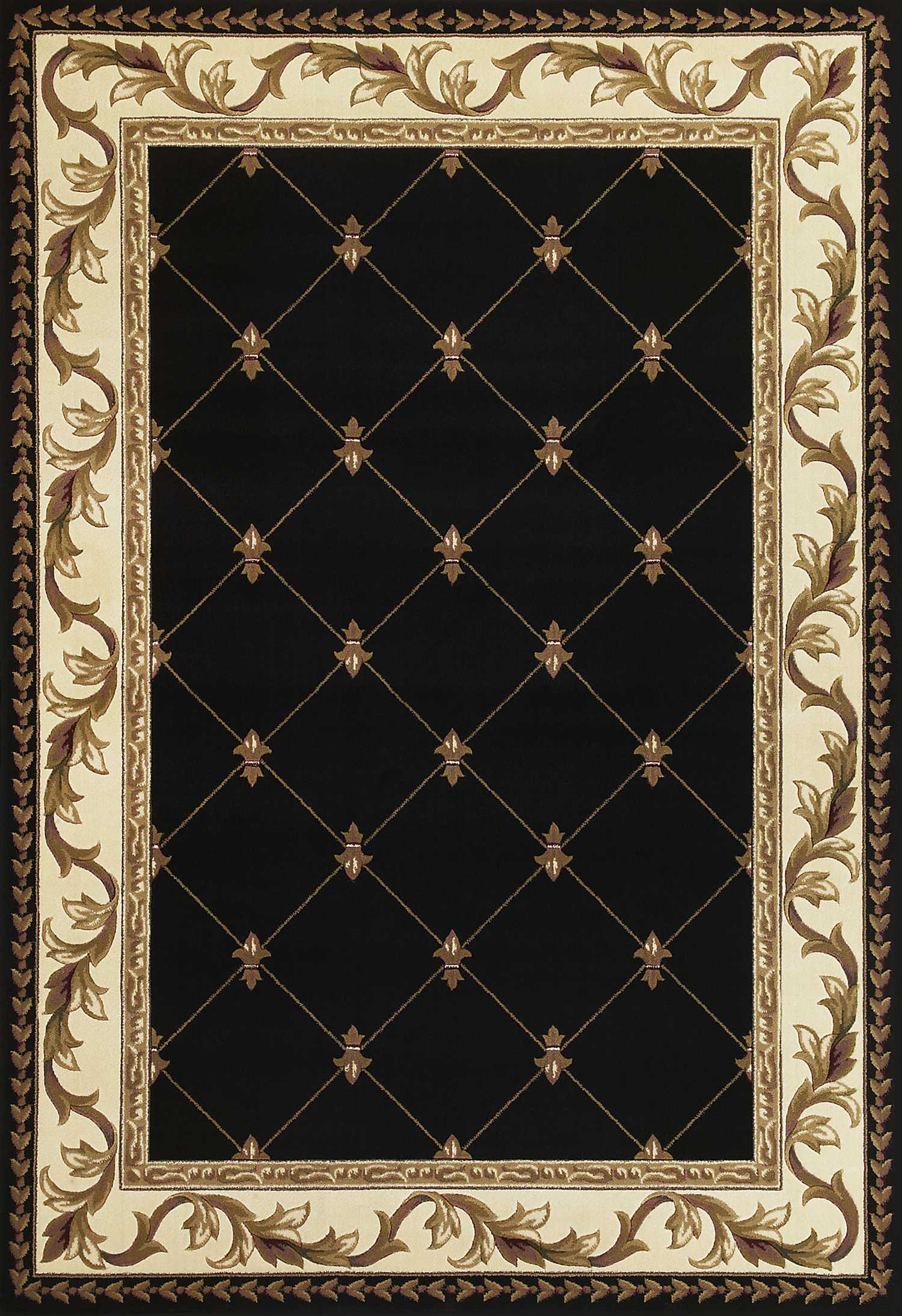 A beautifully designed black indoor rug featuring a hand-carved fleur-de-lis pattern, perfect for enhancing home decor.