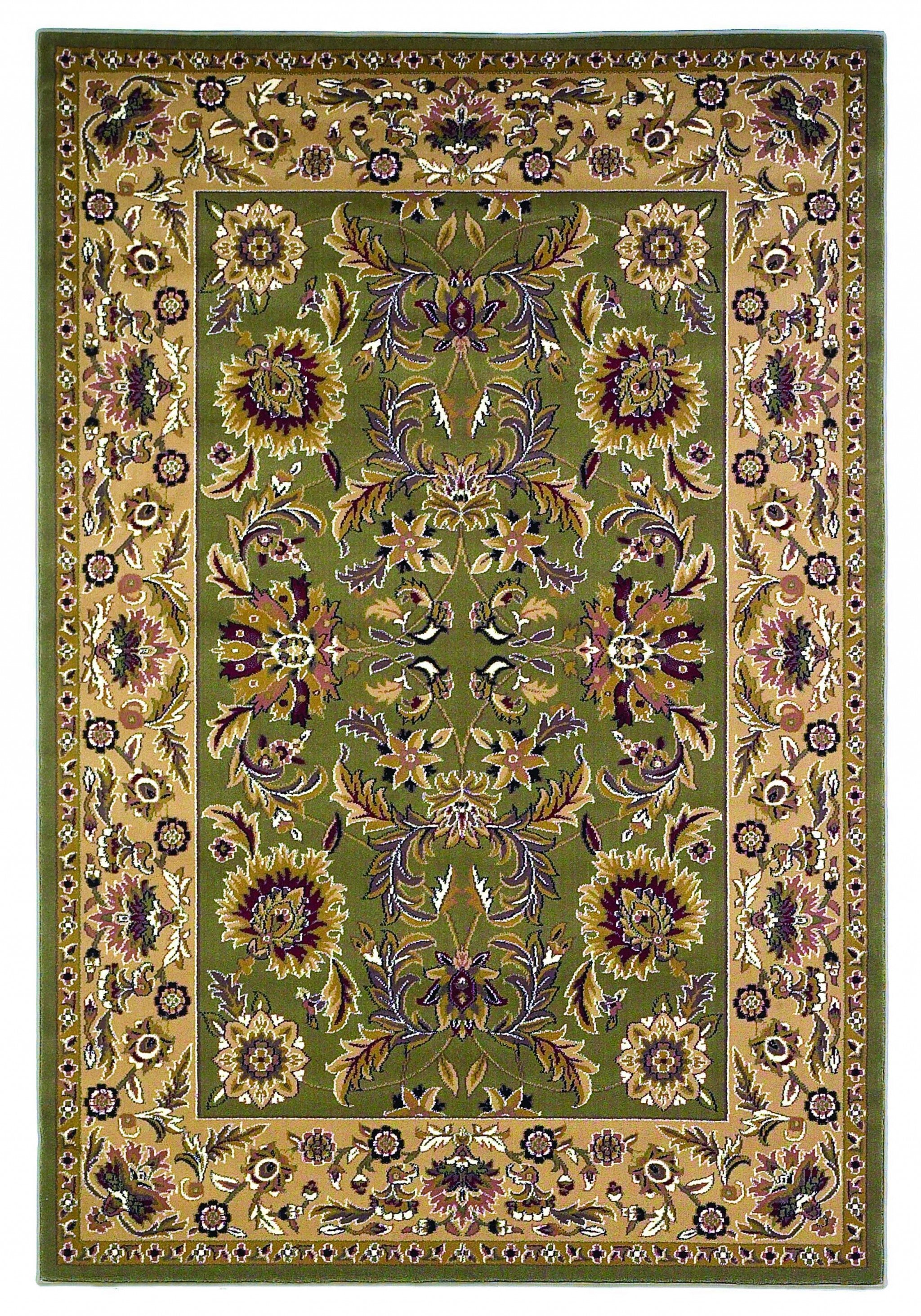 A beautiful green and taupe floral traditional indoor rug measuring 3x5 inches, showcasing intricate patterns and a soft texture.