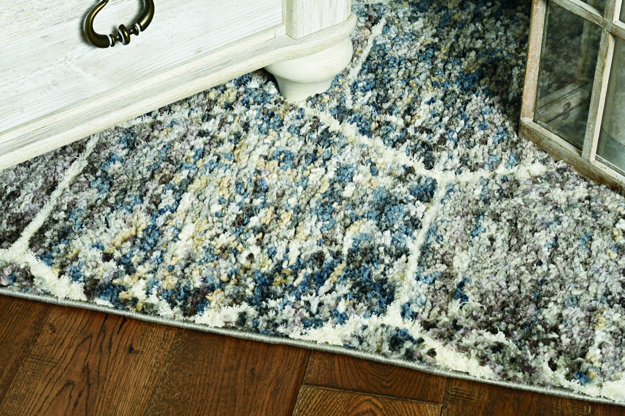 3x5 Grey Teal Machine Woven Space Dyed Honeycomb Indoor Rug with fringe, showcasing a cozy boho design.