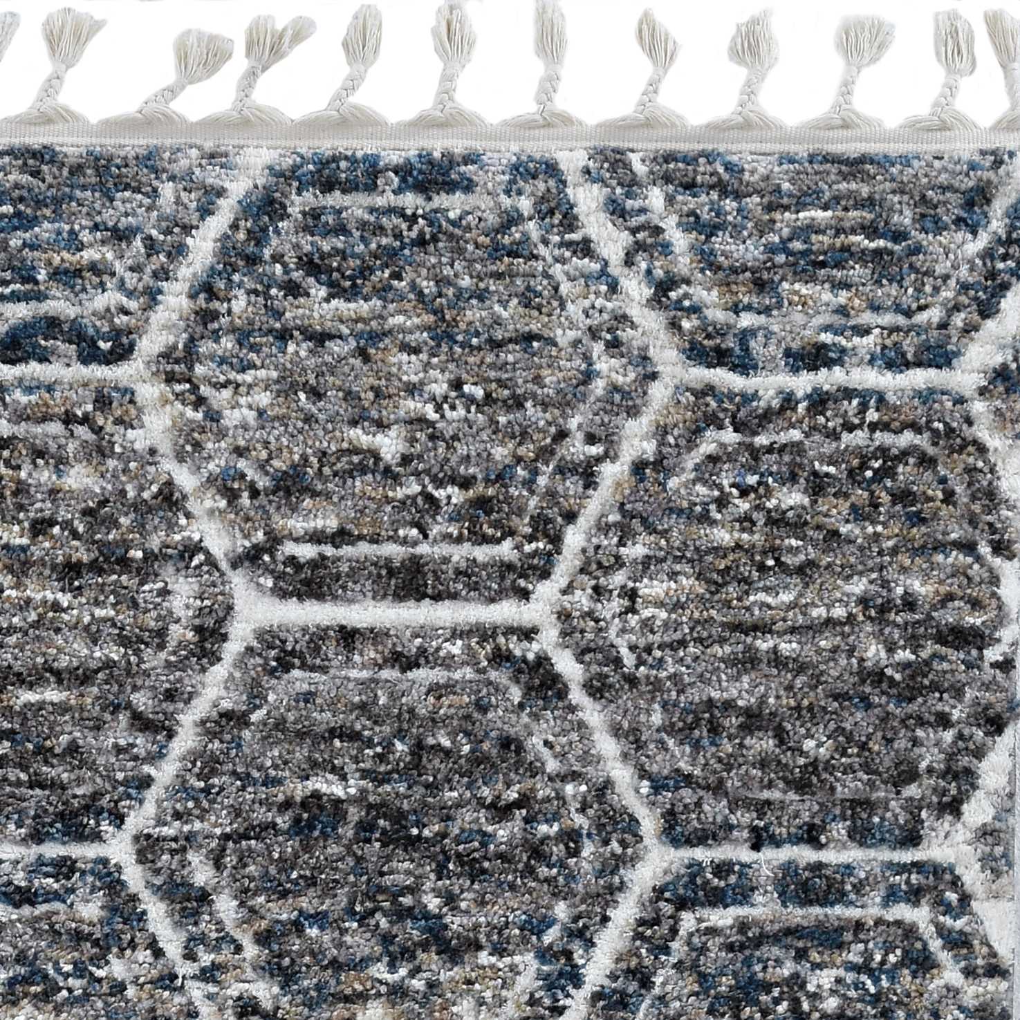 3x5 Grey Teal Machine Woven Space Dyed Honeycomb Indoor Rug with fringe, showcasing a cozy boho design.