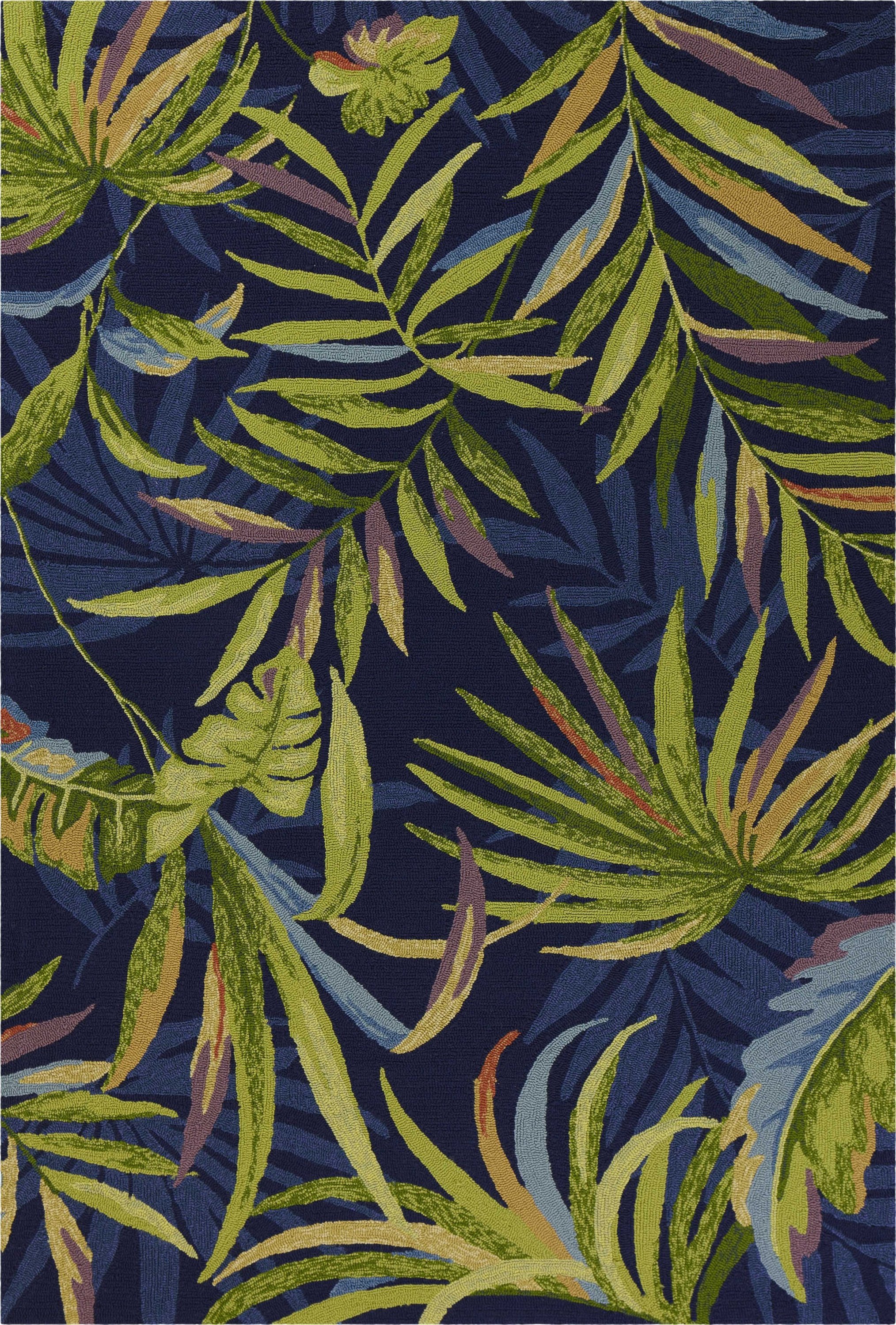 Ink Blue Hand Hooked UV Treated Oversized Tropical rug with vibrant tropical leaves design, perfect for indoor and outdoor use.