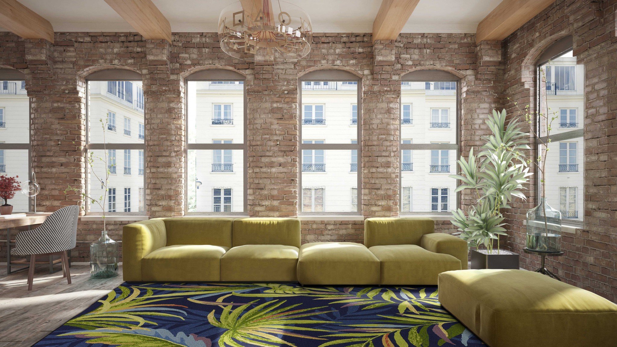 Ink Blue Hand Hooked UV Treated Oversized Tropical rug with vibrant tropical leaves design, perfect for indoor and outdoor use.