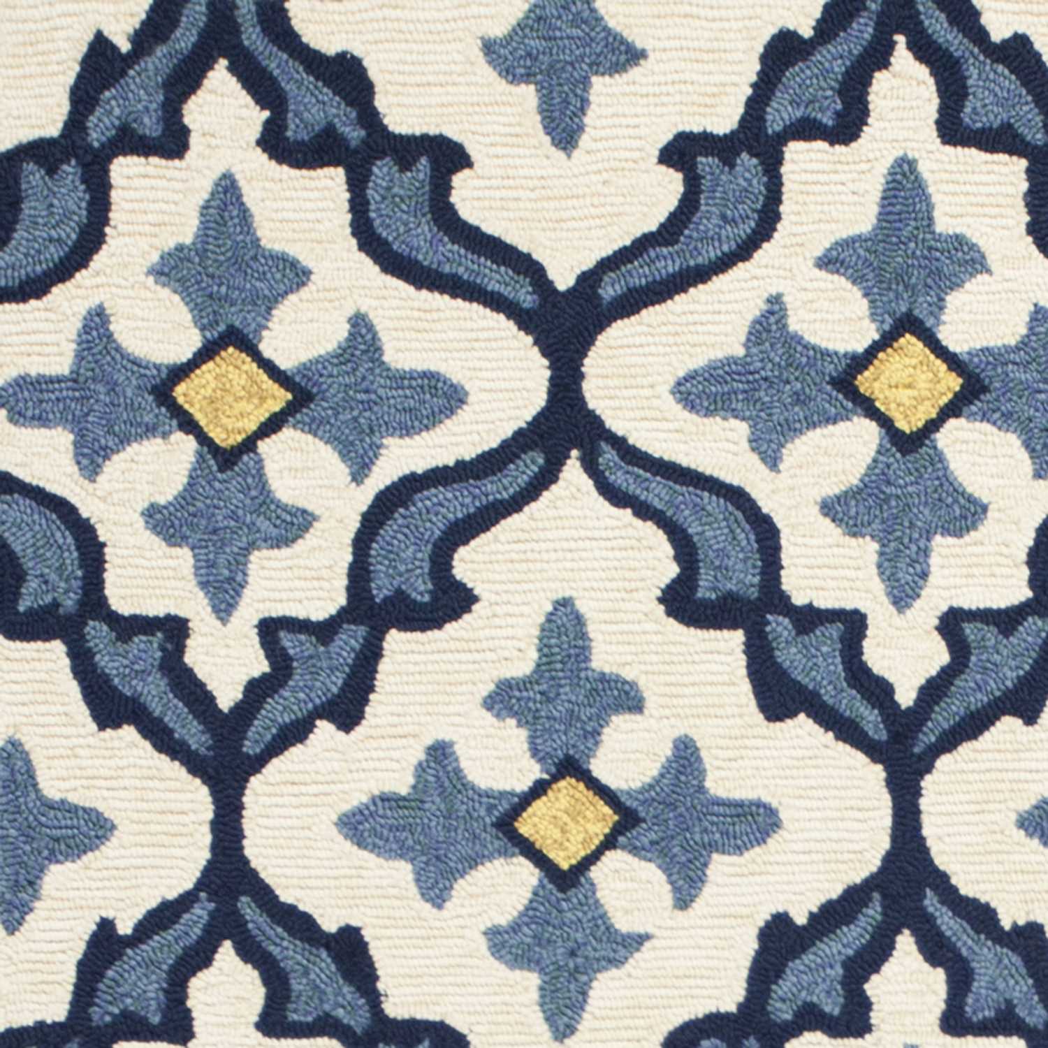 3x5 inches ivory blue hand hooked quatrefoil rug, showcasing intricate patterns and UV treated polypropylene material, suitable for indoor and outdoor use.