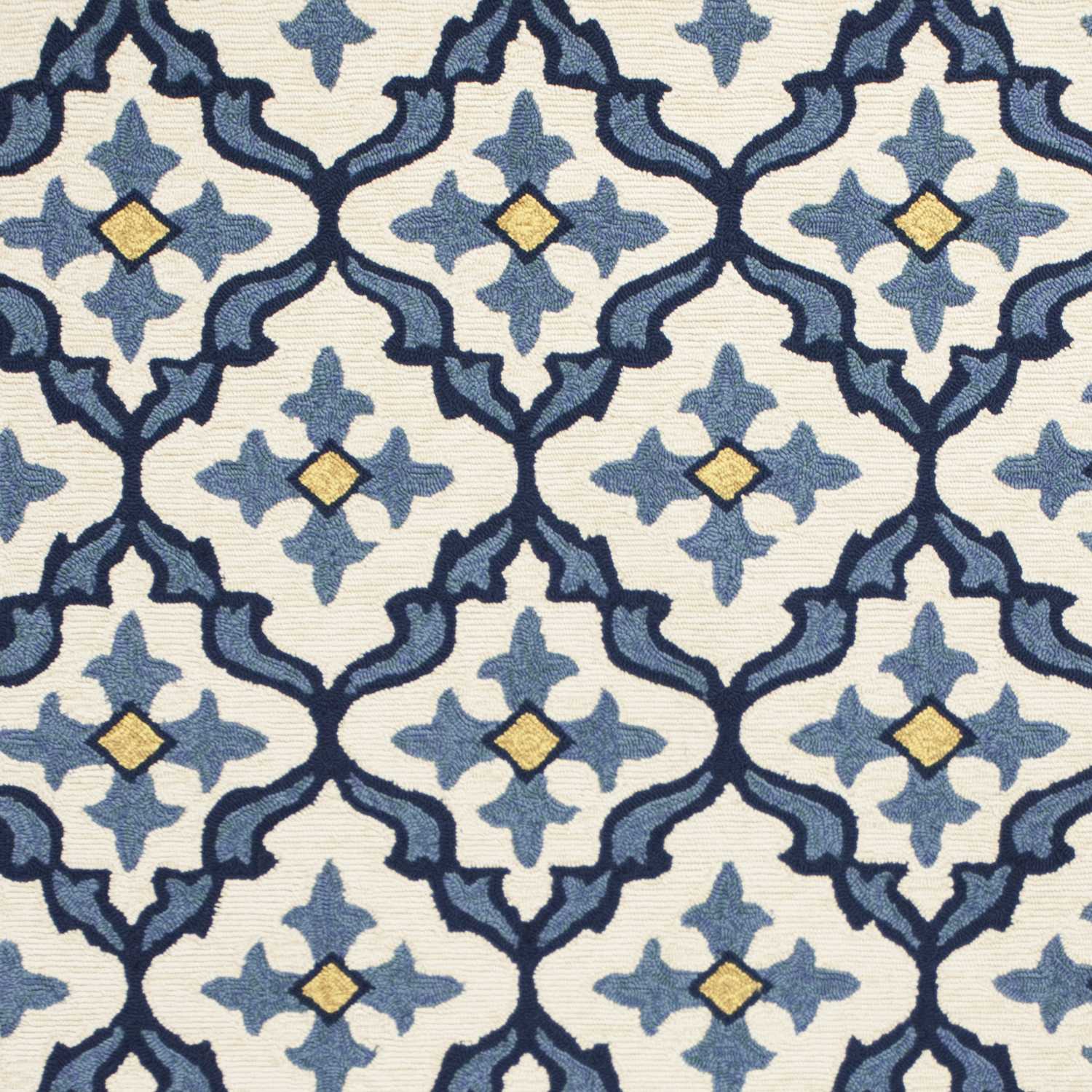3x5 inches ivory blue hand hooked quatrefoil rug, showcasing intricate patterns and UV treated polypropylene material, suitable for indoor and outdoor use.