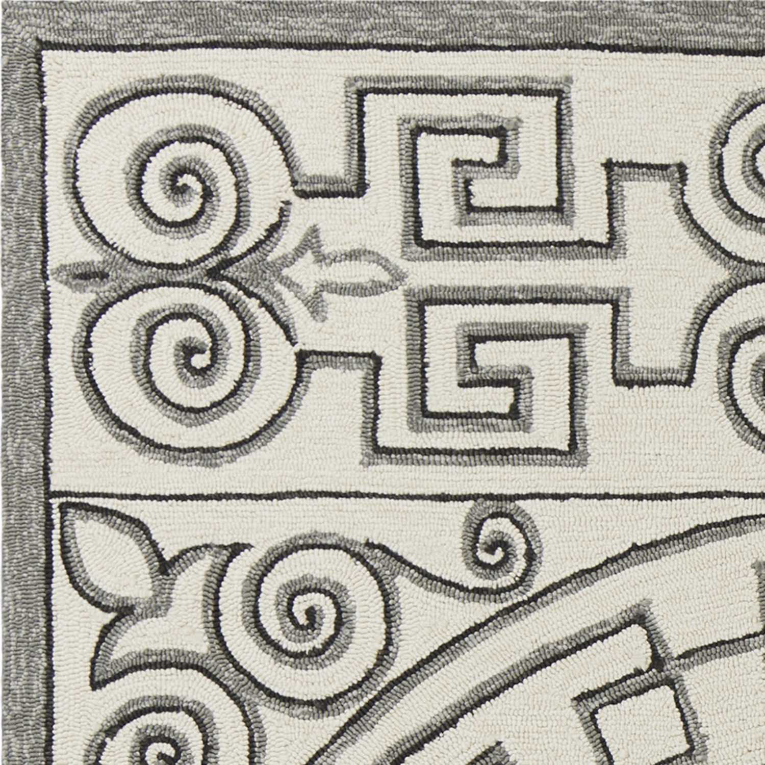 3 inches x 5 inches Ivory Grey Hand Hooked UV Treated Greek Key Medallion rug showcasing elegant design and durable material.