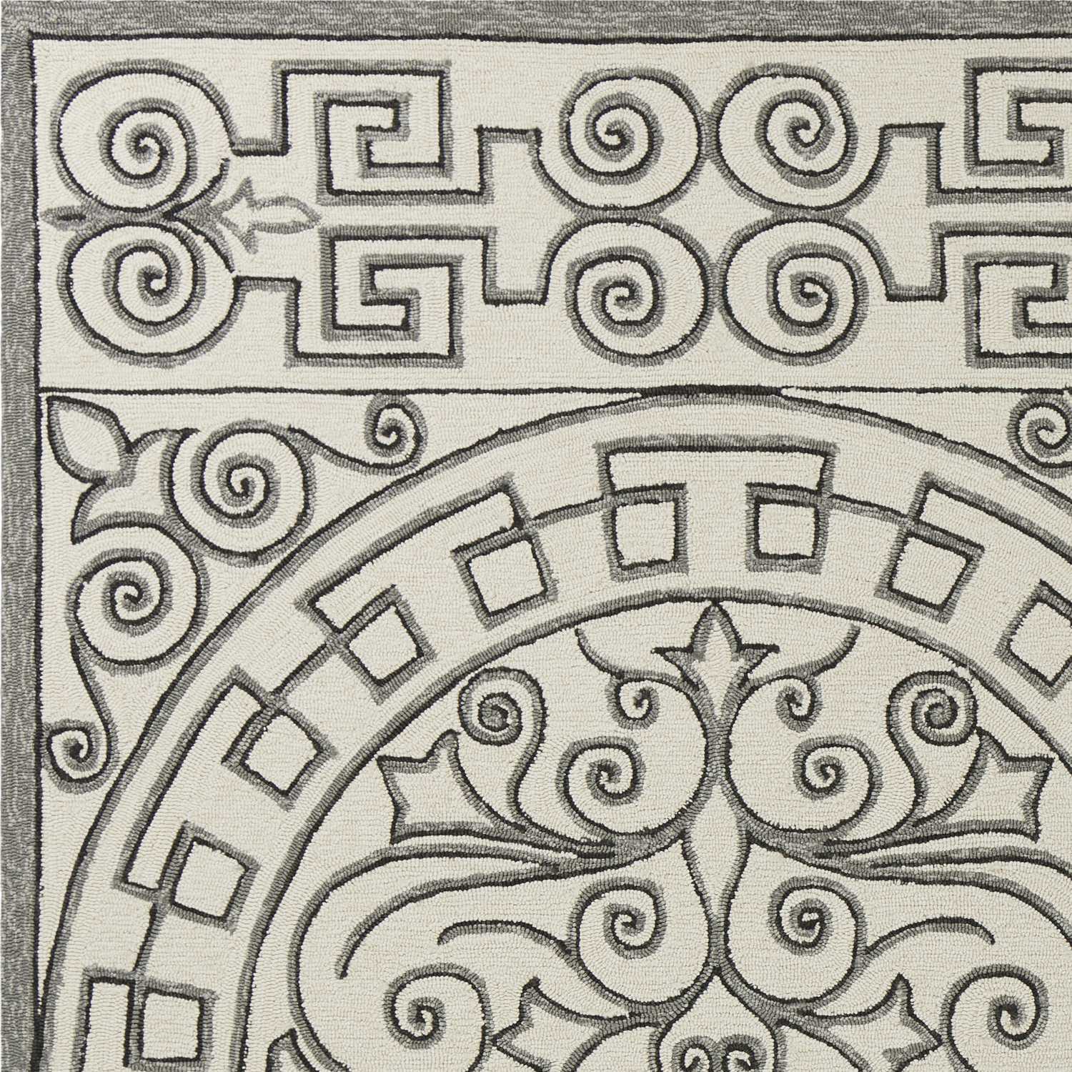 3 inches x 5 inches Ivory Grey Hand Hooked UV Treated Greek Key Medallion rug showcasing elegant design and durable material.
