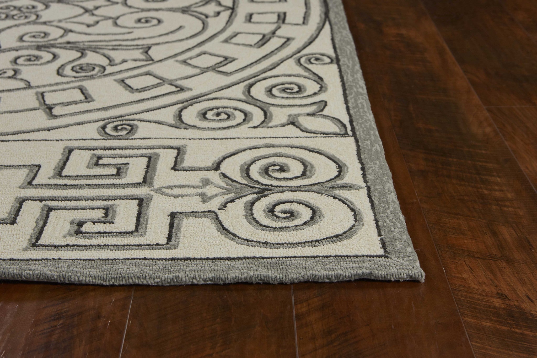 3 inches x 5 inches Ivory Grey Hand Hooked UV Treated Greek Key Medallion rug showcasing elegant design and durable material.