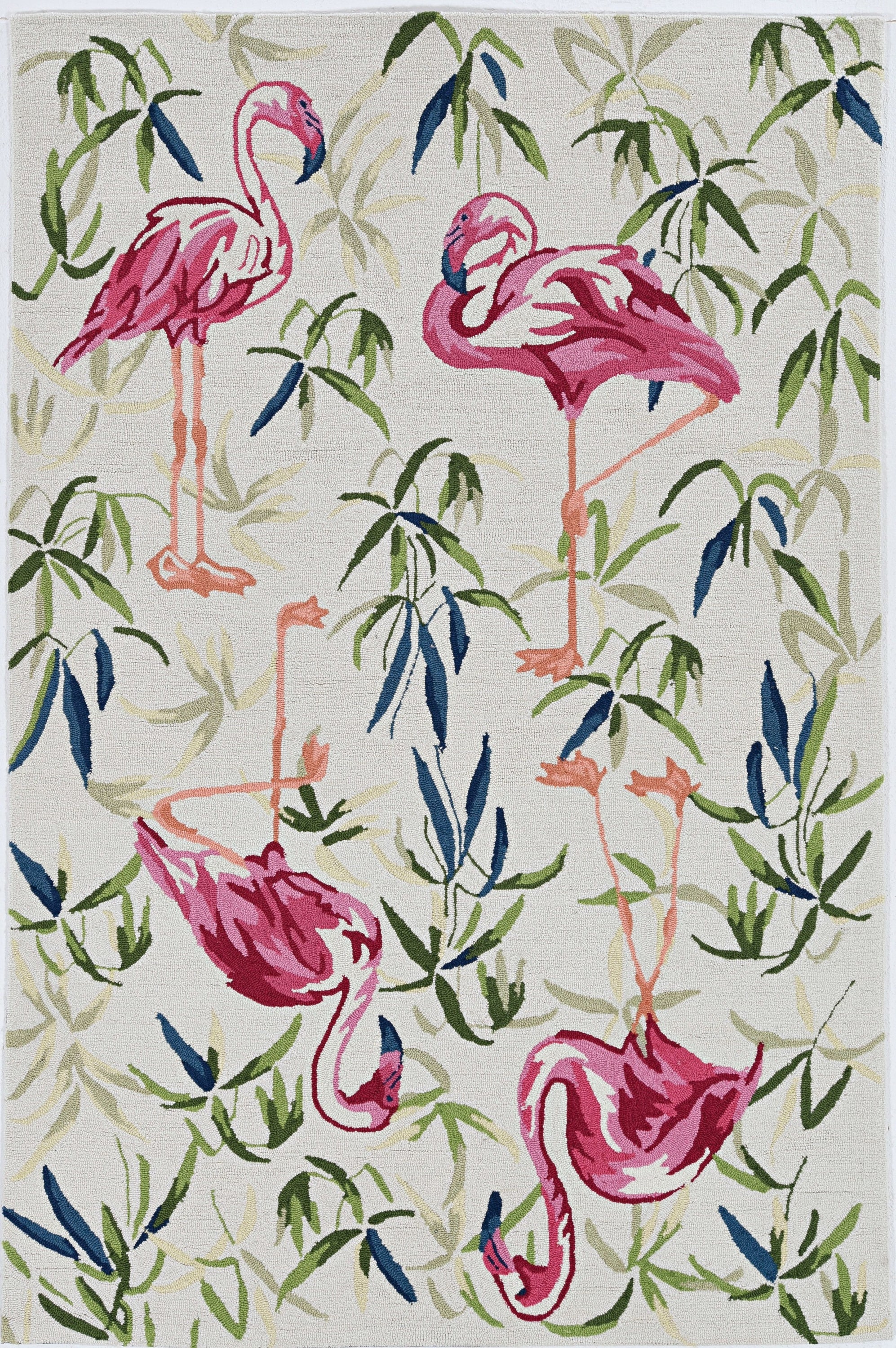 Ivory pink hand hooked flamingo indoor area rug featuring a vibrant flamingo design, perfect for adding style to any room.