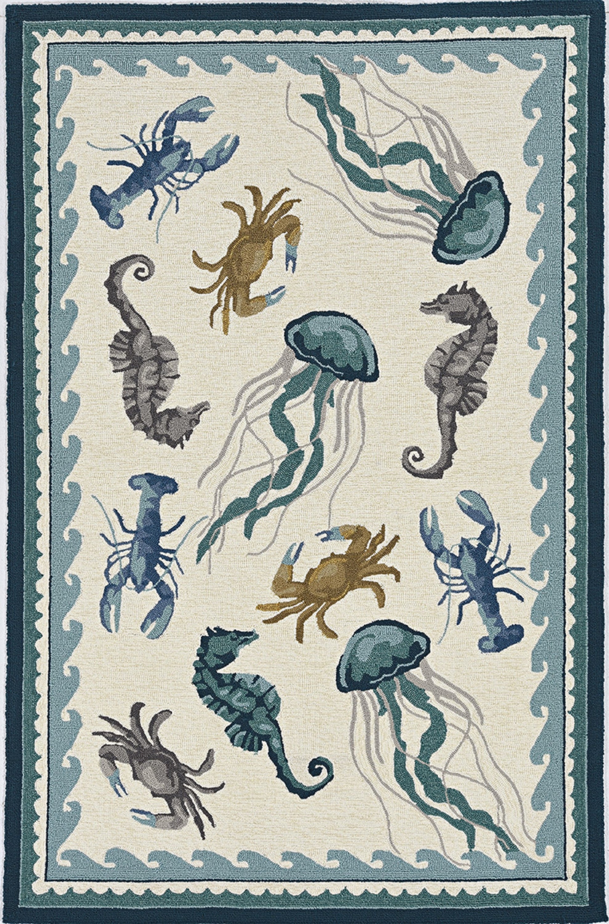 3x5 inches ivory teal hand-hooked rug featuring coastal sea life design, suitable for indoor and outdoor use.
