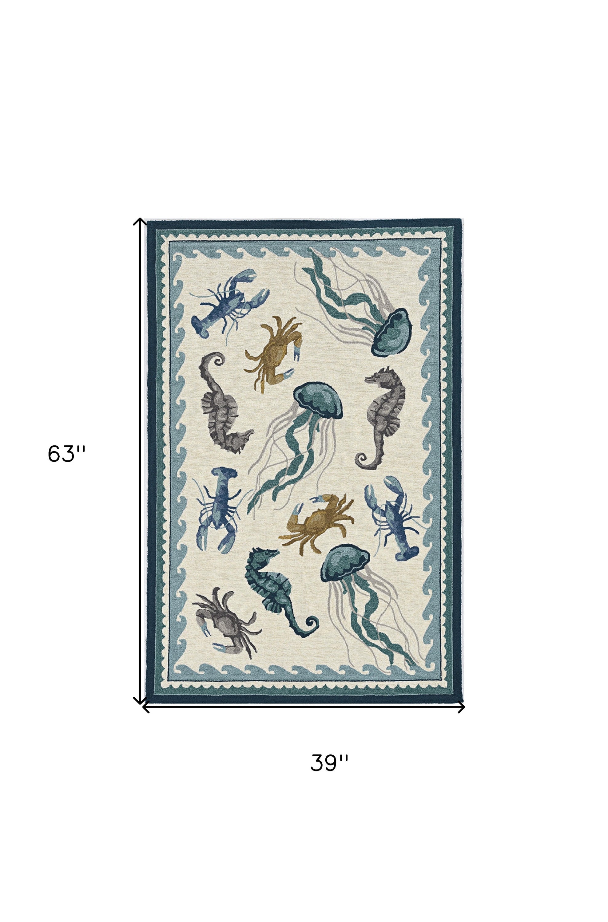3x5 inches ivory teal hand-hooked rug featuring coastal sea life design, suitable for indoor and outdoor use.