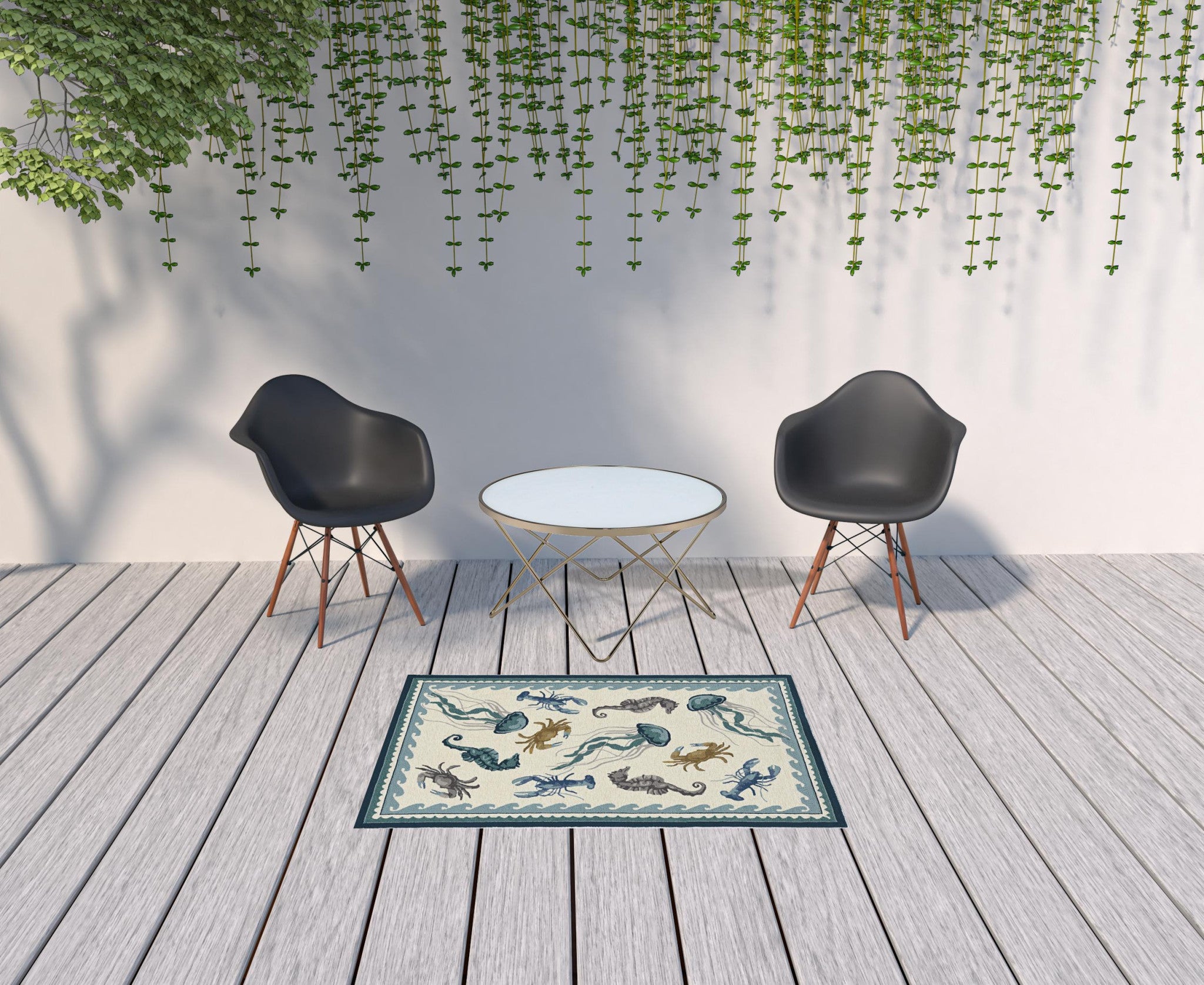 3x5 inches ivory teal hand-hooked rug featuring coastal sea life design, suitable for indoor and outdoor use.