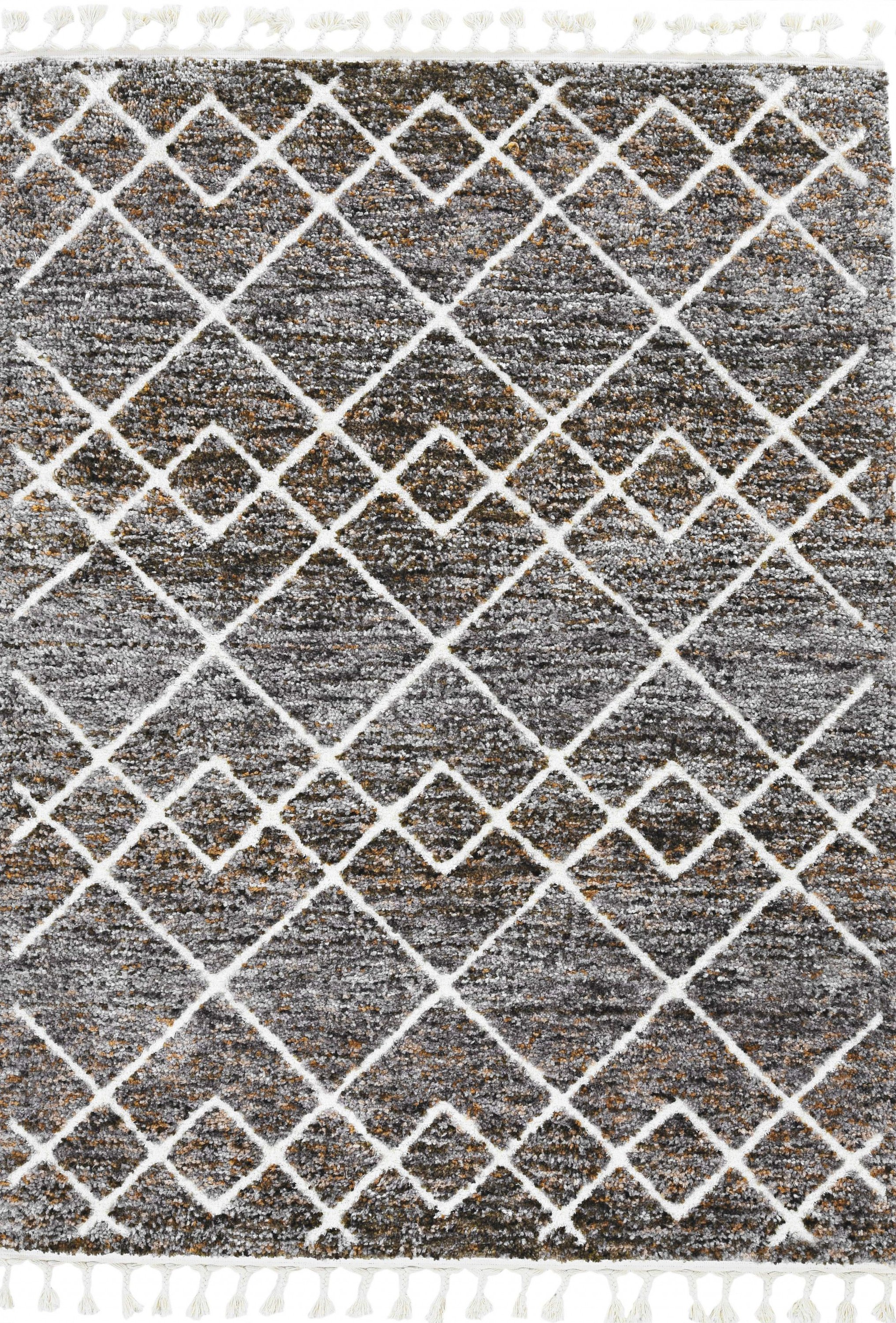 3x5 Mocha Brown Machine Woven Rug featuring a geometric diamond pattern and fringe detailing, perfect for contemporary living spaces.