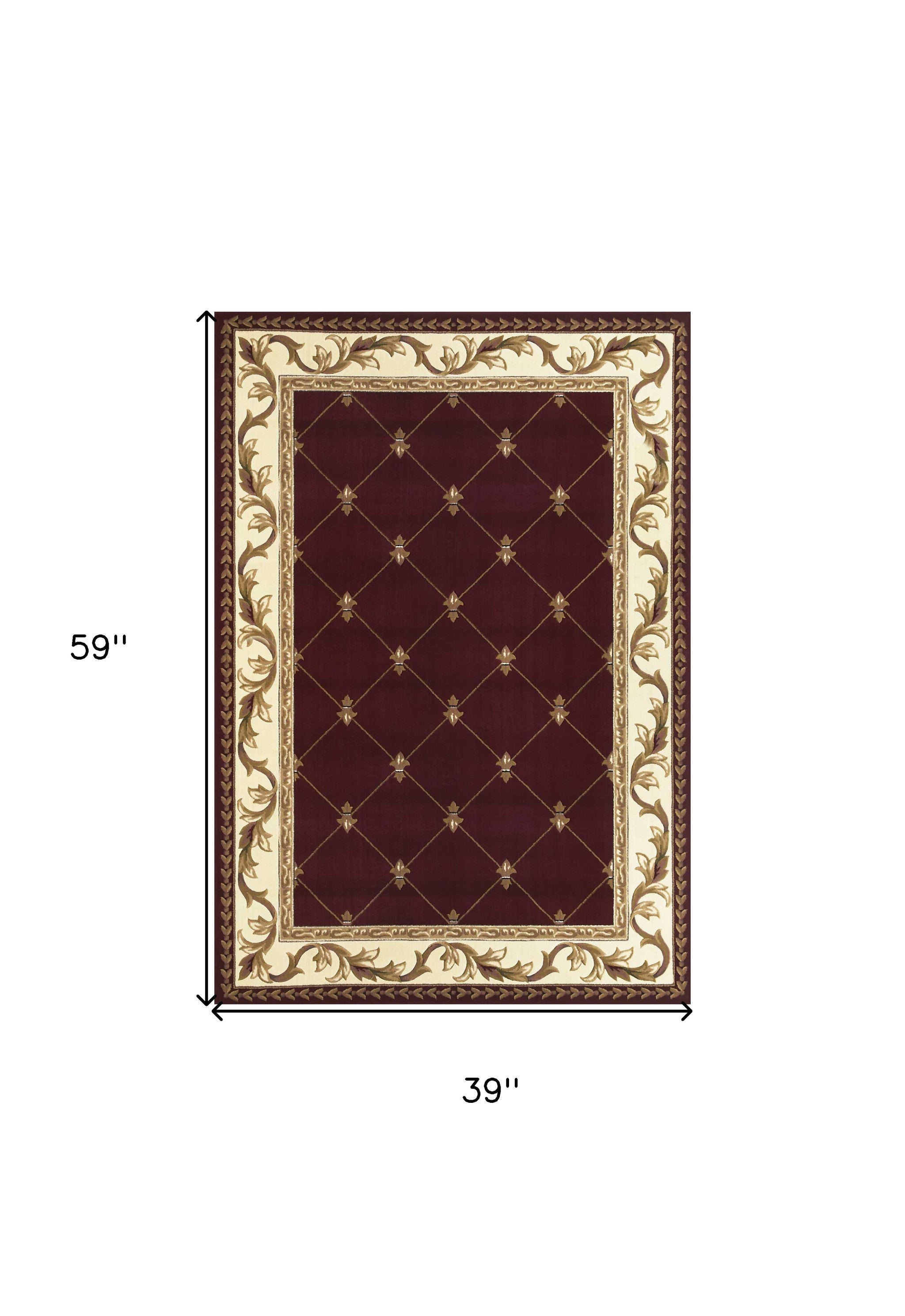 A vibrant red indoor area rug featuring a hand-carved fleur-de-lis design, perfect for enhancing home decor.
