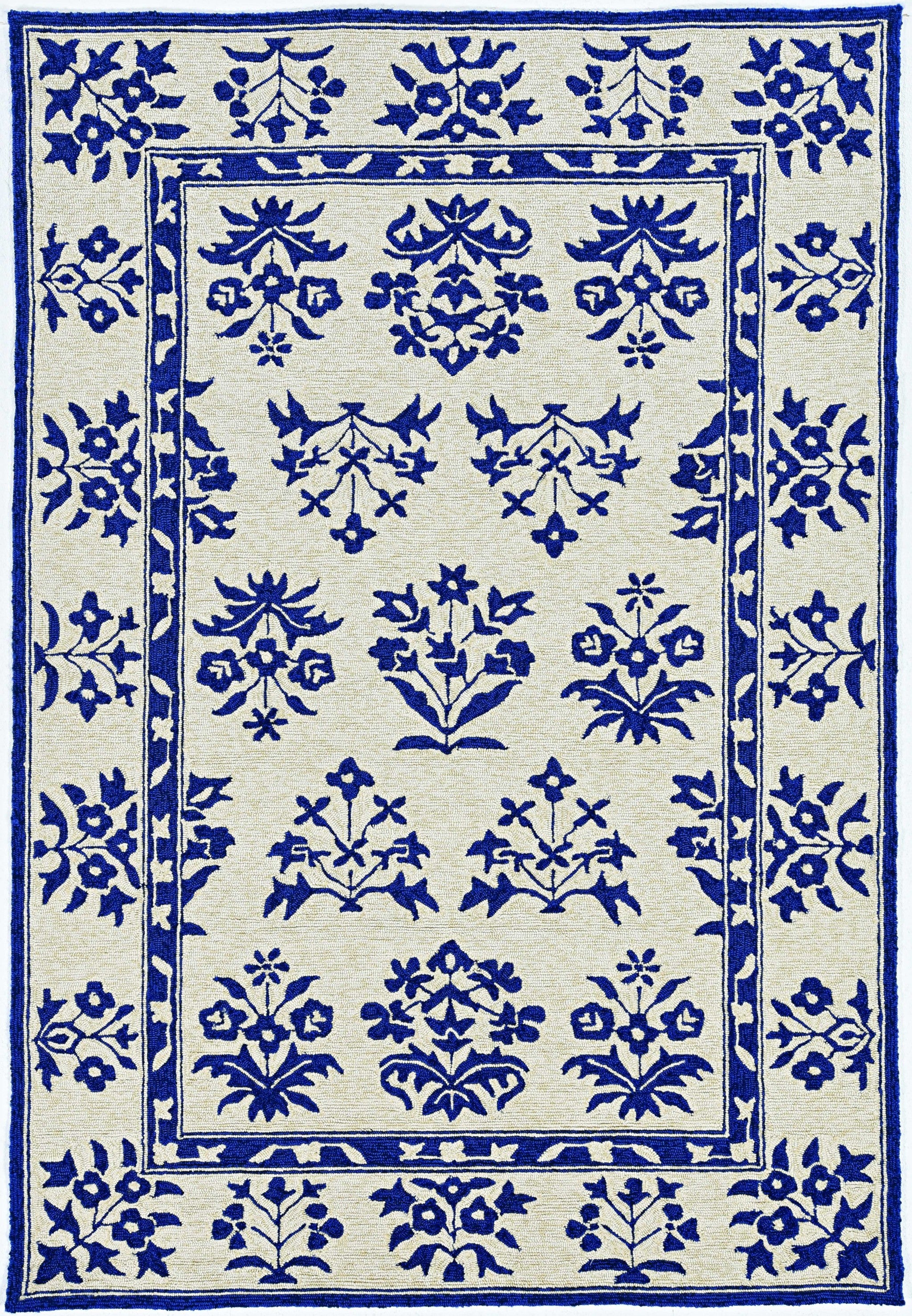 3x5 sand blue hand-hooked rug with traditional floral design, suitable for indoor and outdoor use.