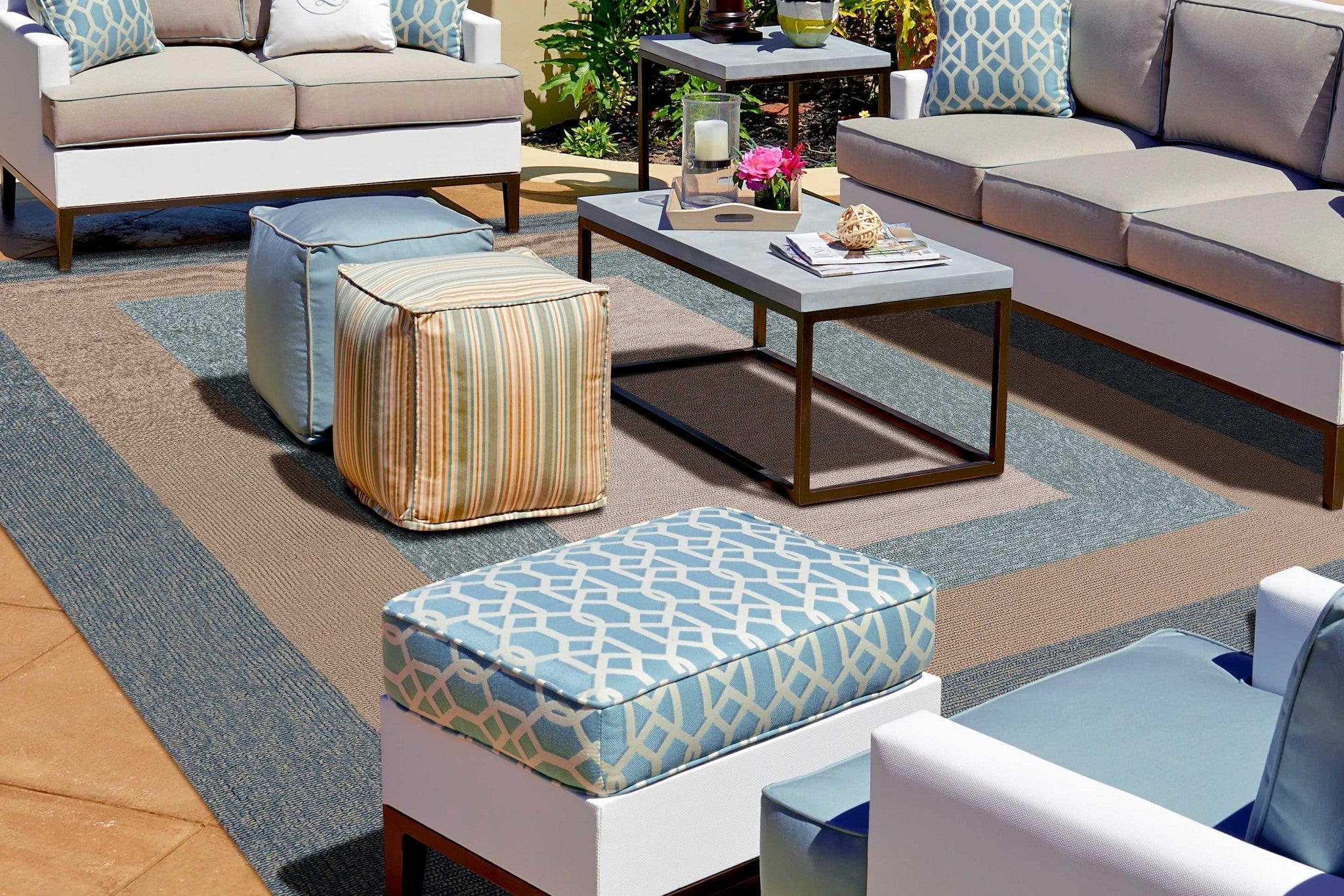 3x5 Spa Blue Beige Hand Hooked UV Treated Bordered Indoor/Outdoor Rug with a coastal design, showcasing its texture and color.