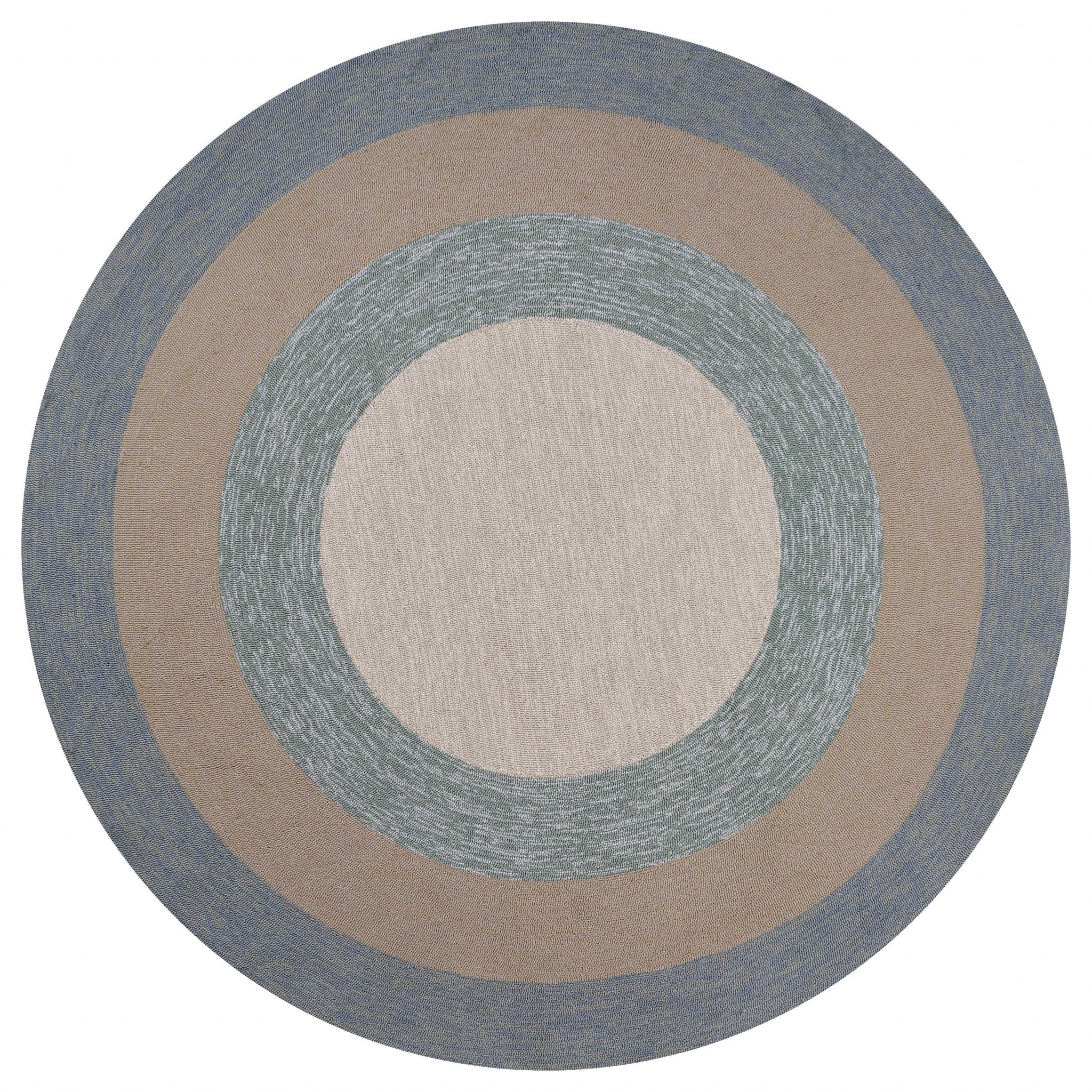 3x5 Spa Blue Beige Hand Hooked UV Treated Bordered Indoor/Outdoor Rug with a coastal design, showcasing its texture and color.