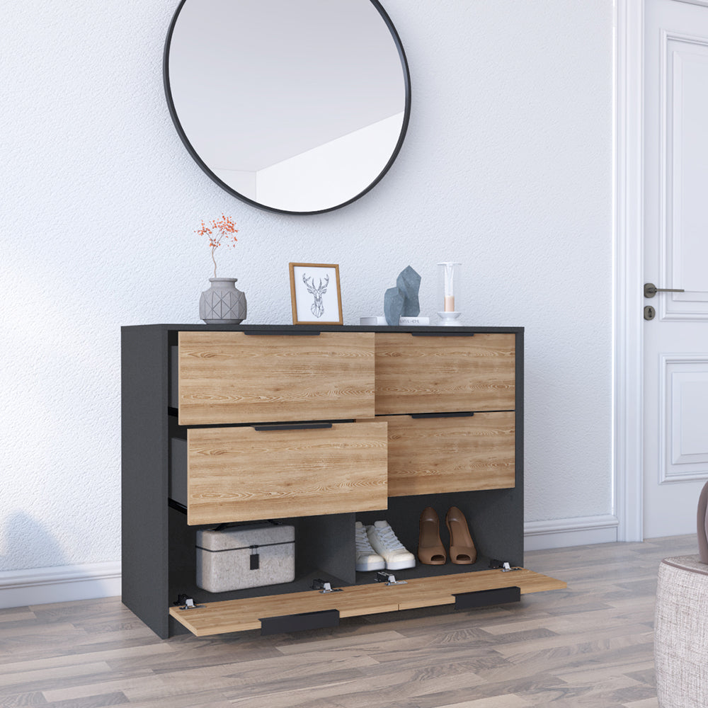 Maryland 4 Drawer Double Dresser in black wengue and pine, featuring four spacious drawers and a modern industrial design.