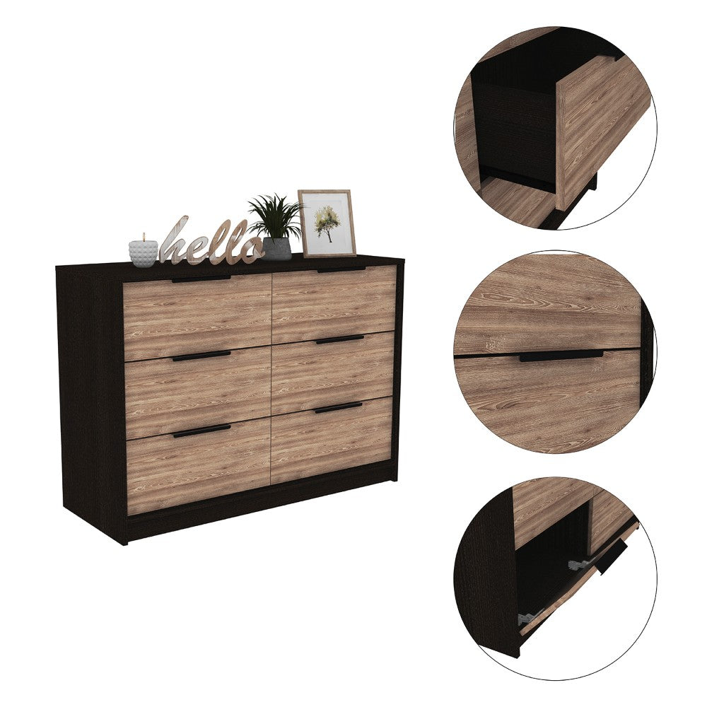 Maryland 4 Drawer Double Dresser in black wengue and pine, featuring four spacious drawers and a modern industrial design.