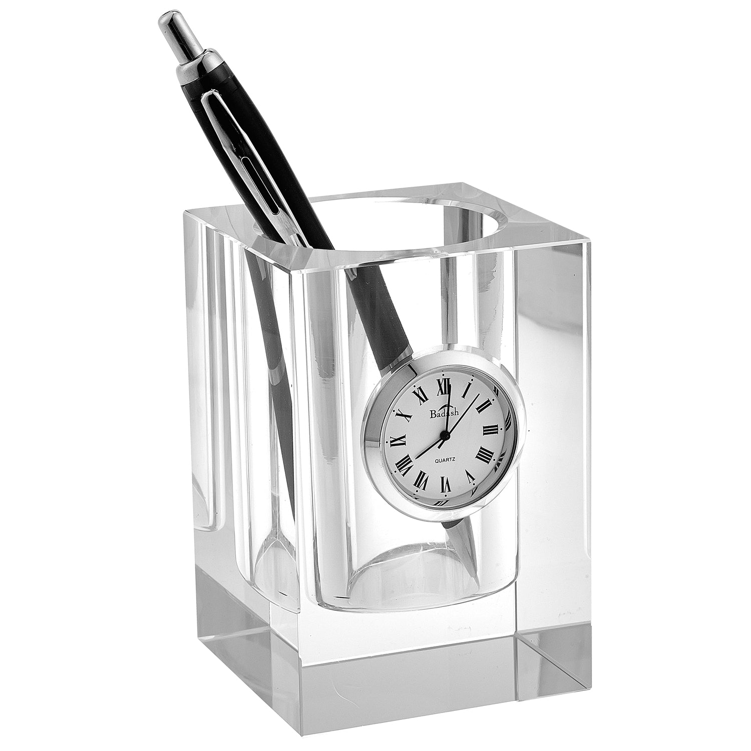 Hand-crafted crystal pen or pencil holder featuring an integrated clock, elegantly designed for home or office use.
