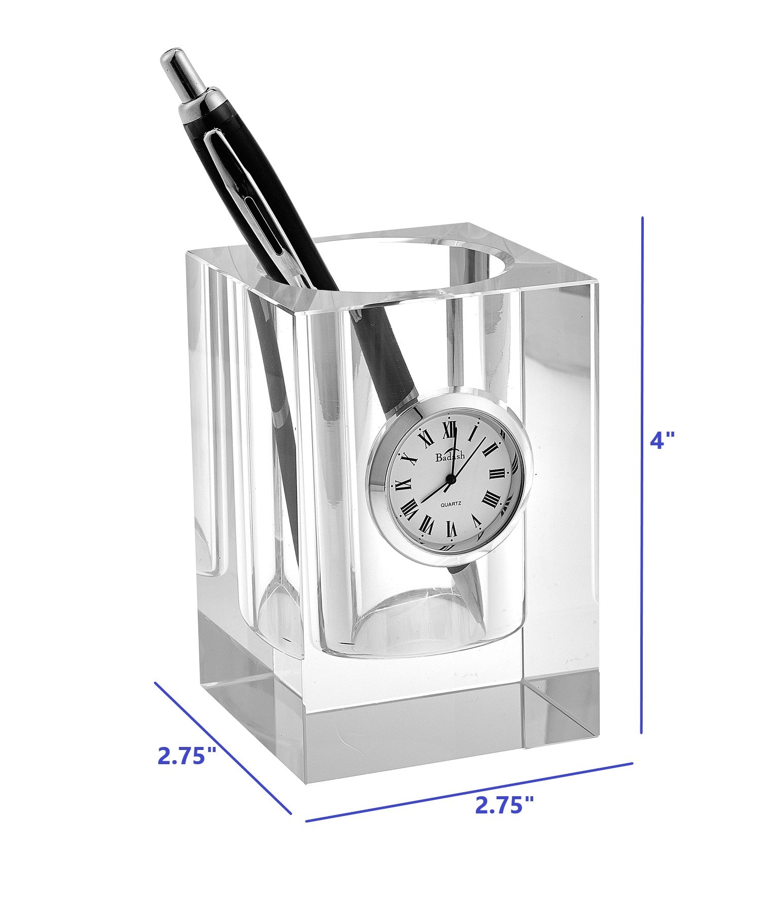 Hand-crafted crystal pen or pencil holder featuring an integrated clock, elegantly designed for home or office use.