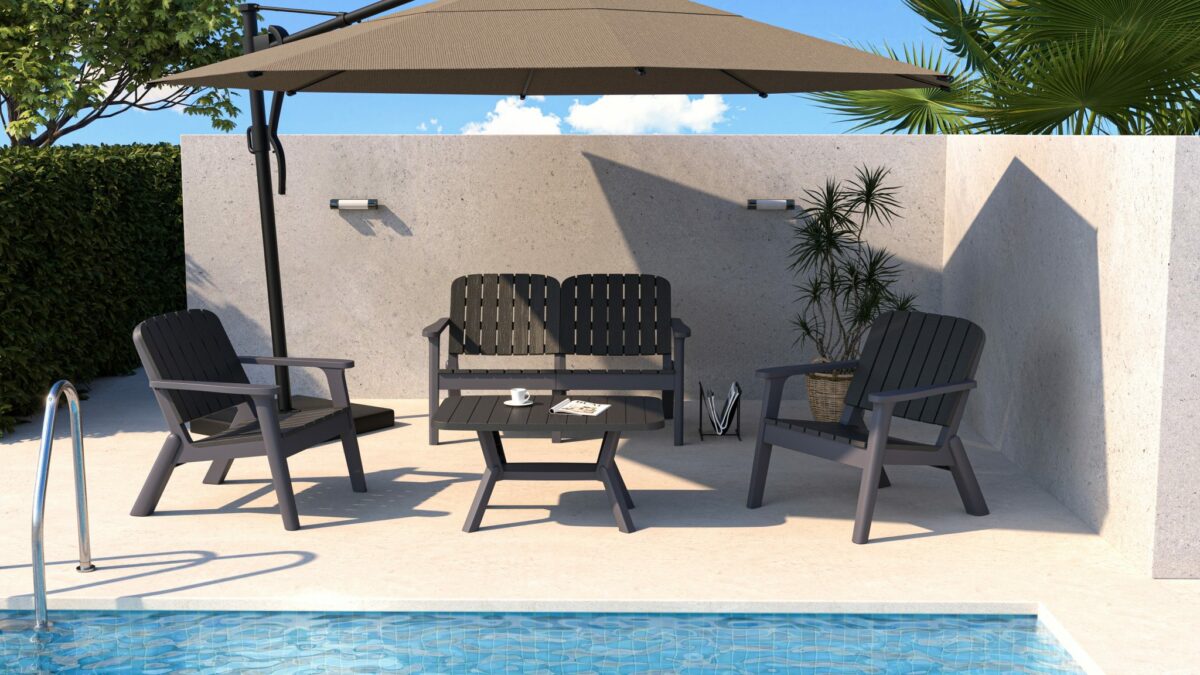 4-person outdoor seating group with cushions and adjustable height table, designed for comfort and style.