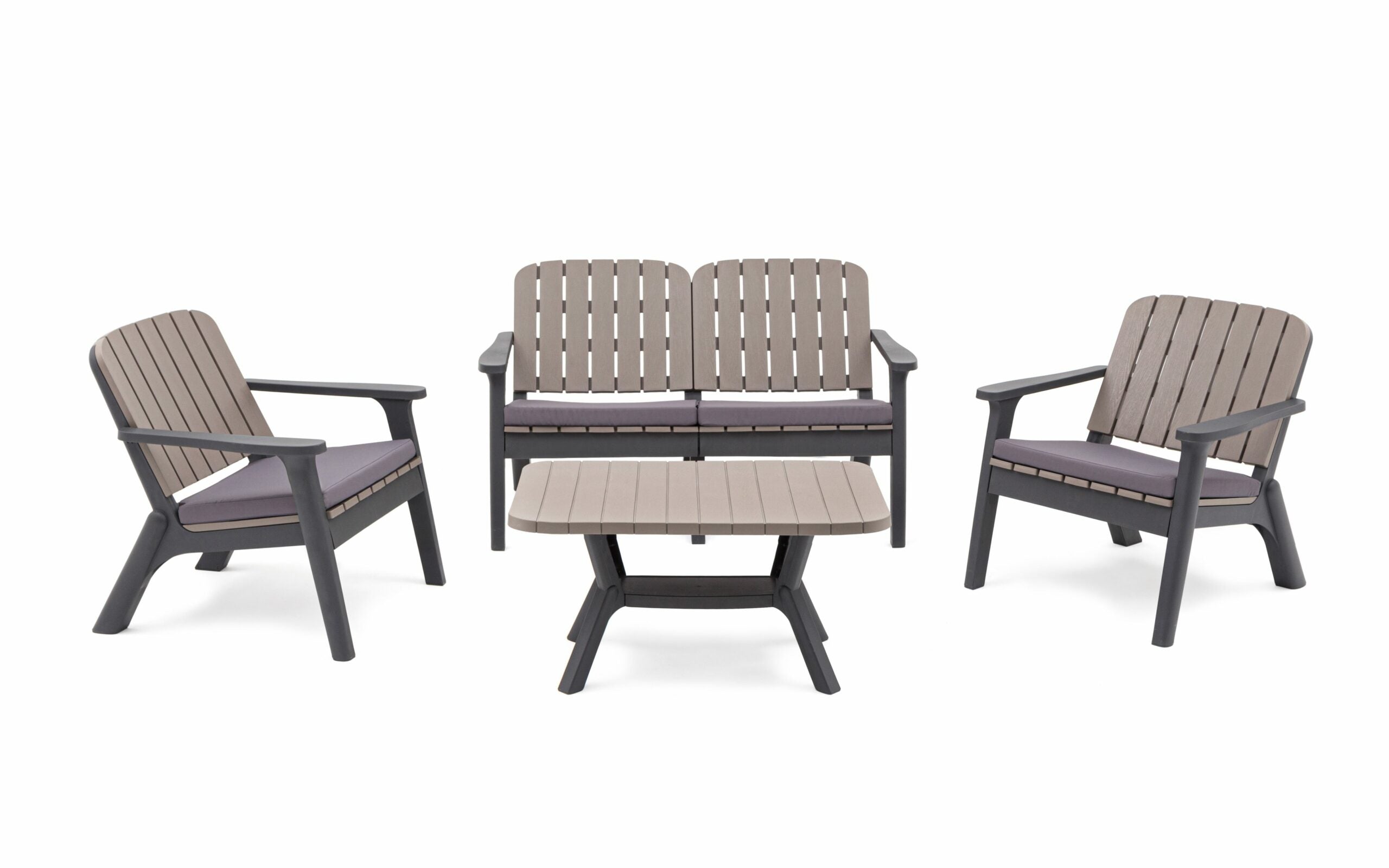 4-person outdoor seating group with cushions and adjustable height table, designed for comfort and style.