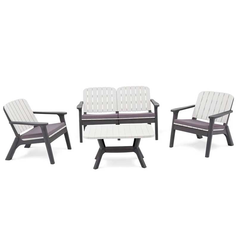 4-person outdoor seating group with cushions and adjustable height table, designed for comfort and style.